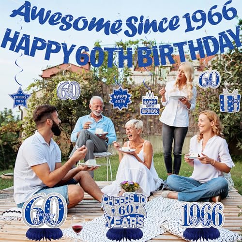 Image of Crenics Blue 1966 60th Birthday Decorations for Men or Women | Happy 60th Birthday Banner, Awesome Since 1966 Banner, Honeycomb Centerpieces and Hanging Swirls for 60 years old Party Suppl