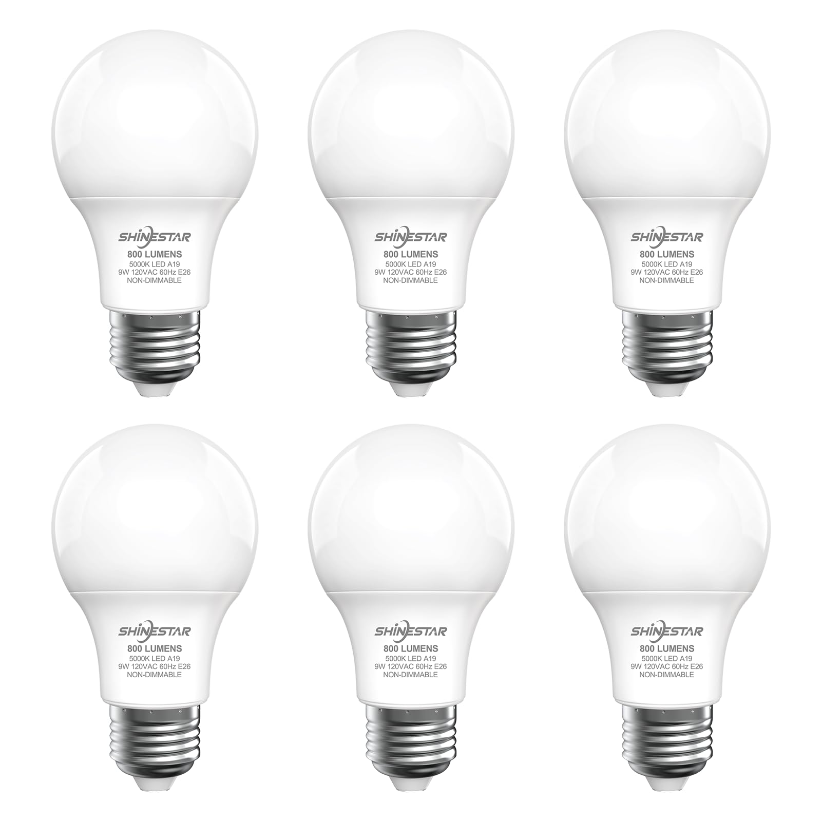 SHINESTAR A19 LED Light Bulb 60 Watt Light Bulbs 5000K Daylight White E26 Standard Base Non-Dimmable 6-Pack