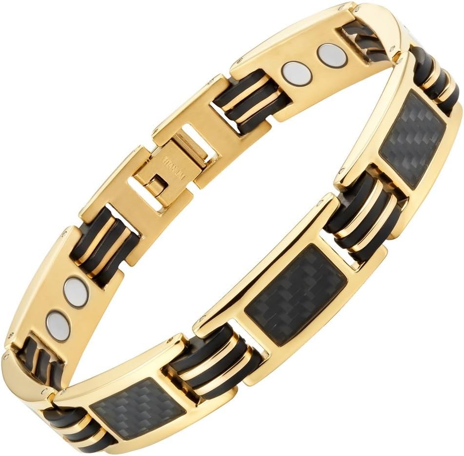 Willis Judd Carbon Fiber Titanium Magnetic Bracelet Gold Tone Size Adjusting Tool and Gift Box Included, 8.5, Titanium, no gemstone