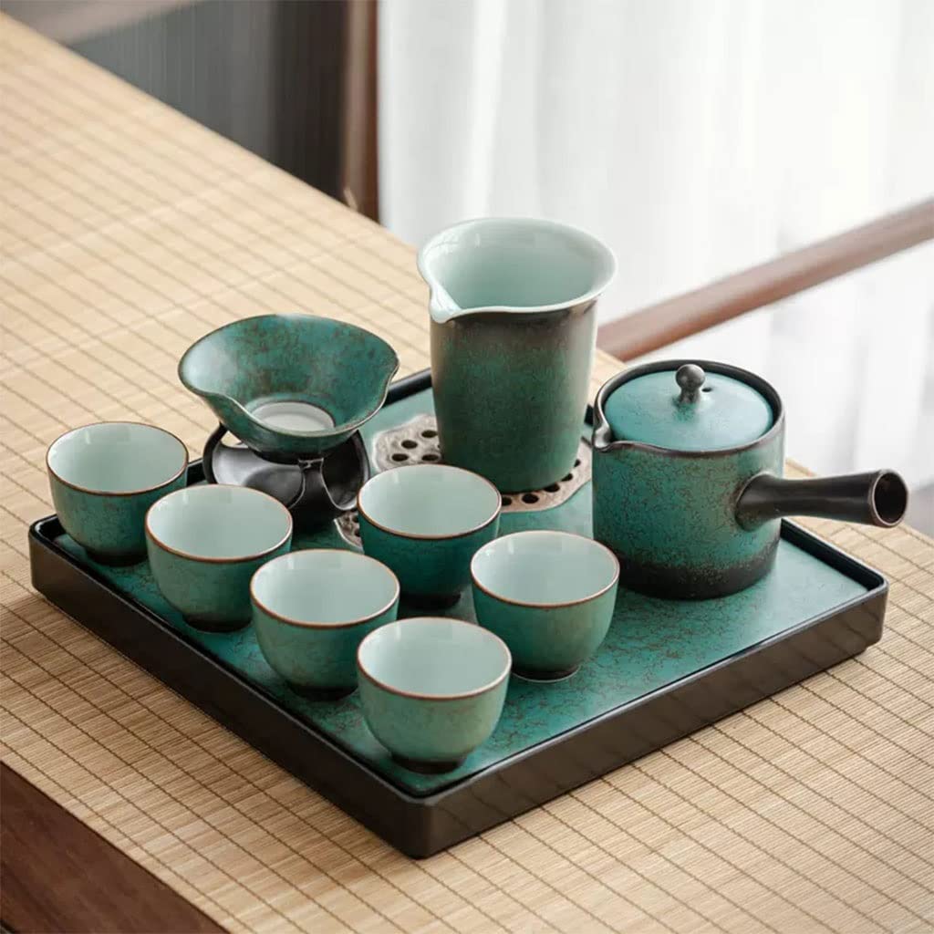 DFGHNBVC Chinese Tea Set Green Inside, Kung Fu Ceramic Tea Set With Wood Tea Tray,For Gift And Household,Office,Chinese Gongfu Tea Table Serving