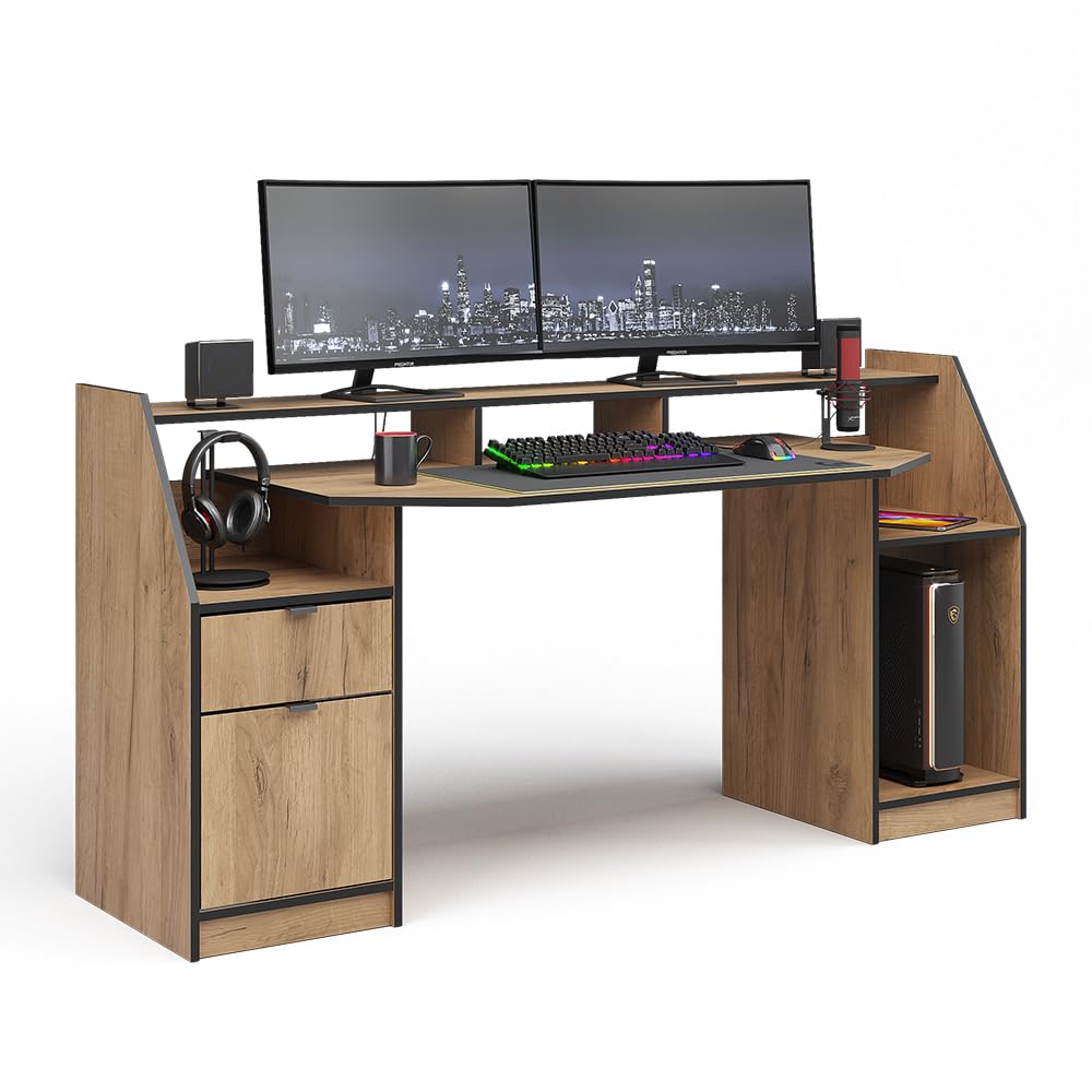 Vicco Gaming-Tisch Joel, Goldkraft Eiche, 179.8 x 65.5 cm | mit 1 Schublade und 1 Tür, mit Ablageflächen für Zubehör und erhöhtem Monitoraufsatz