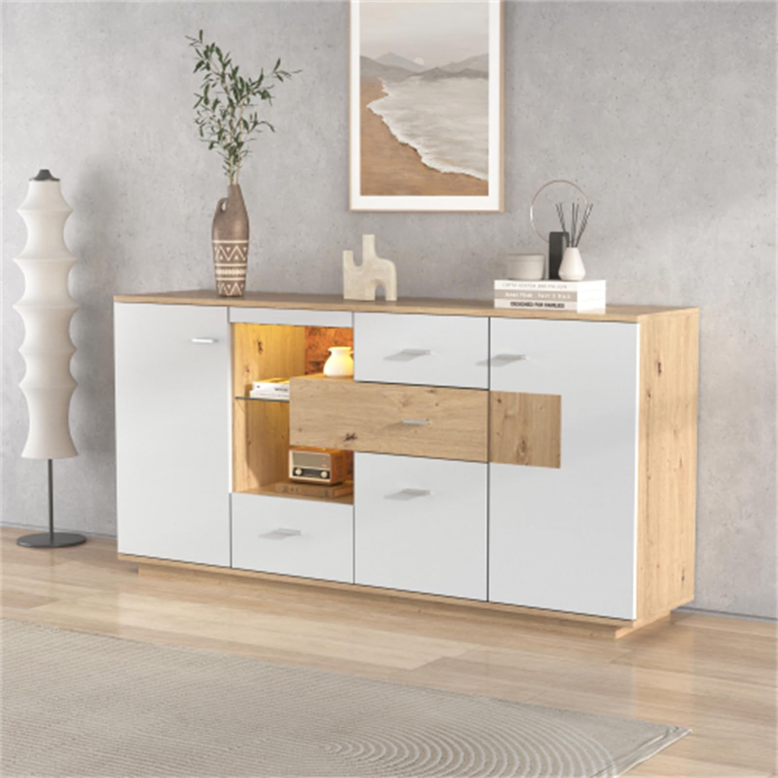 Credenza Moderna Illuminata A Led Con Ampio Spazio Per Riporre Gli Oggetti - Finitura Con Venature Del Legno Bianco - 160x40x77 Cm - 2 Ante, 4 Cassetti, Ripiano In Vetro - Mobili Versatili Per Il Sogg