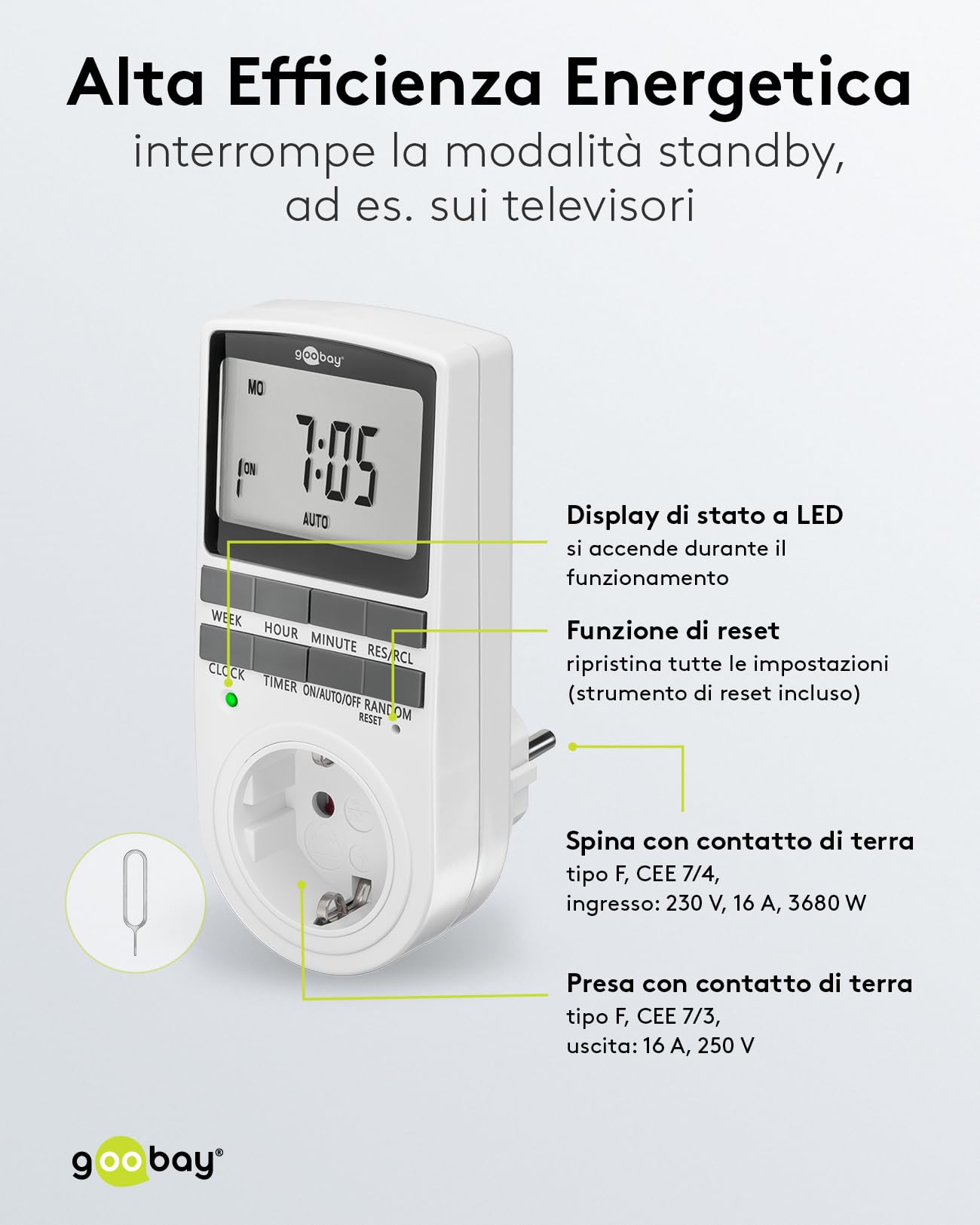 goobay - Set di 4 timer digitale con 16 programmi – Timer con modalità casuale per protezione anti-intrusione – Presa timer inclusa 100 giorni batteria back-up – 3680 W – 230 V (AC) – 16 A – 74217