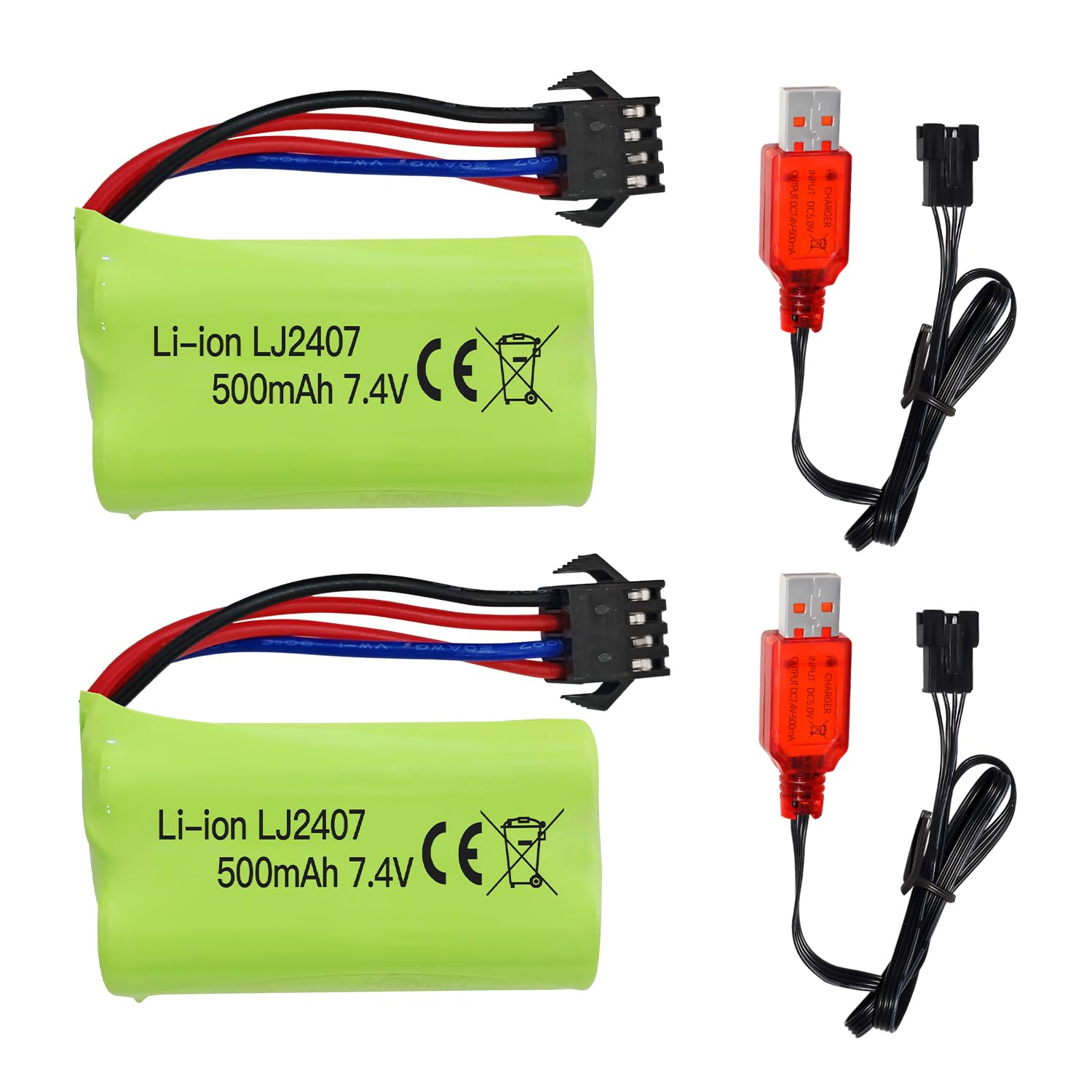 2PCS 7.4V 500mAh SM-4P Plug Rechargeable Battery with USB Charging Cable for EC16 DE85 RC Toy Car Model Buggy Battery M416 Electric Gel Ball Blaster Spare Battery