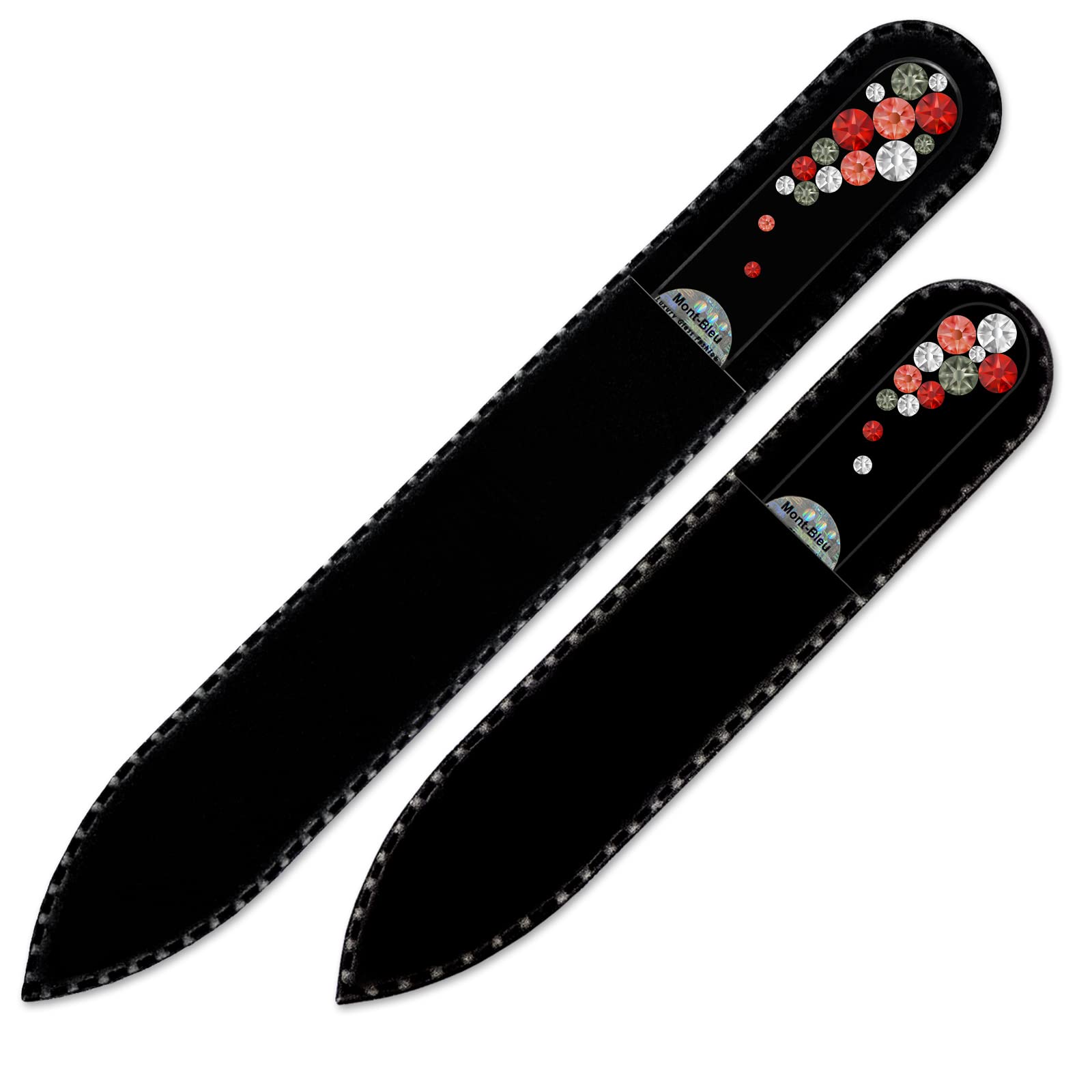 Mont Bleu Lot de 2 limes à ongles en verre, décorée à la main d’éléments Swarovski, pochette en velours noir | Véritable verre trempé tchèque, garantie à vie, Lime à ongles fait main en cristal