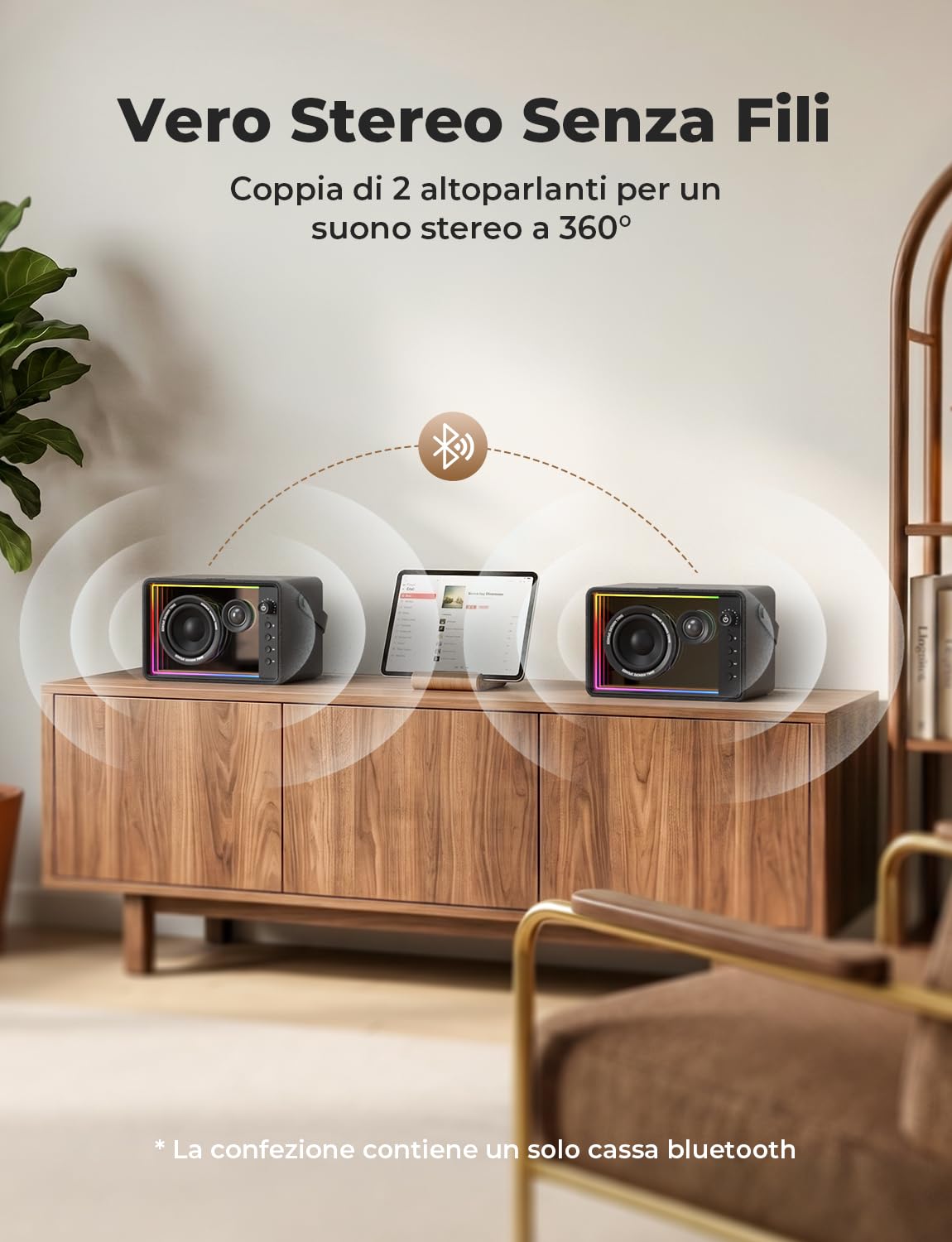 RIENOK Cassa Bluetooth Potente 40W Woofer 90mm Tweeter Seta 30mm, RGB, 15H | Bass-Reflex Posteriore, Vero Stereo Wireless, Ricaricabile, Supporta USB/TF/AUX, per Smartphone/ Casa/ Regalo