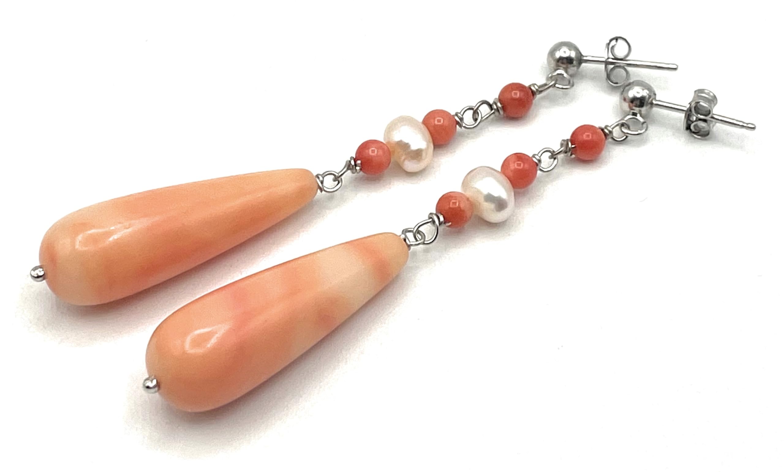Orecchini Corallo Rosa e Perle Naturali, Pendenti in Argento 925 Made in Italy, Gioielli Pietre Dure, Bijoux Artigianali, Regalo per Lei