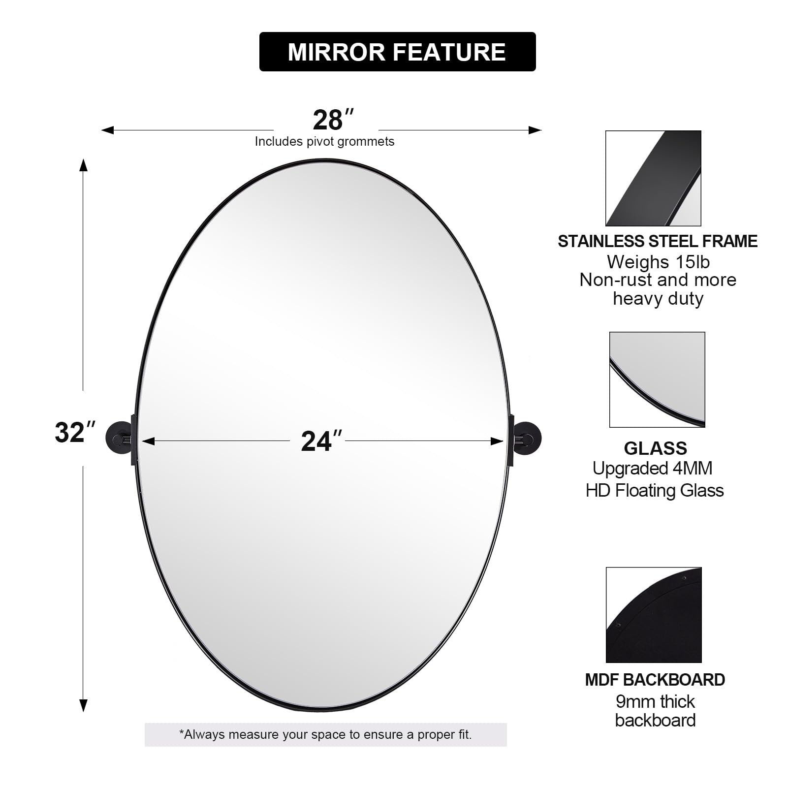 ANDY STAR Ovaler Spiegel Mattschwarz - 61x91cm Gewellt Edelstahl Rahmen Badezimmer