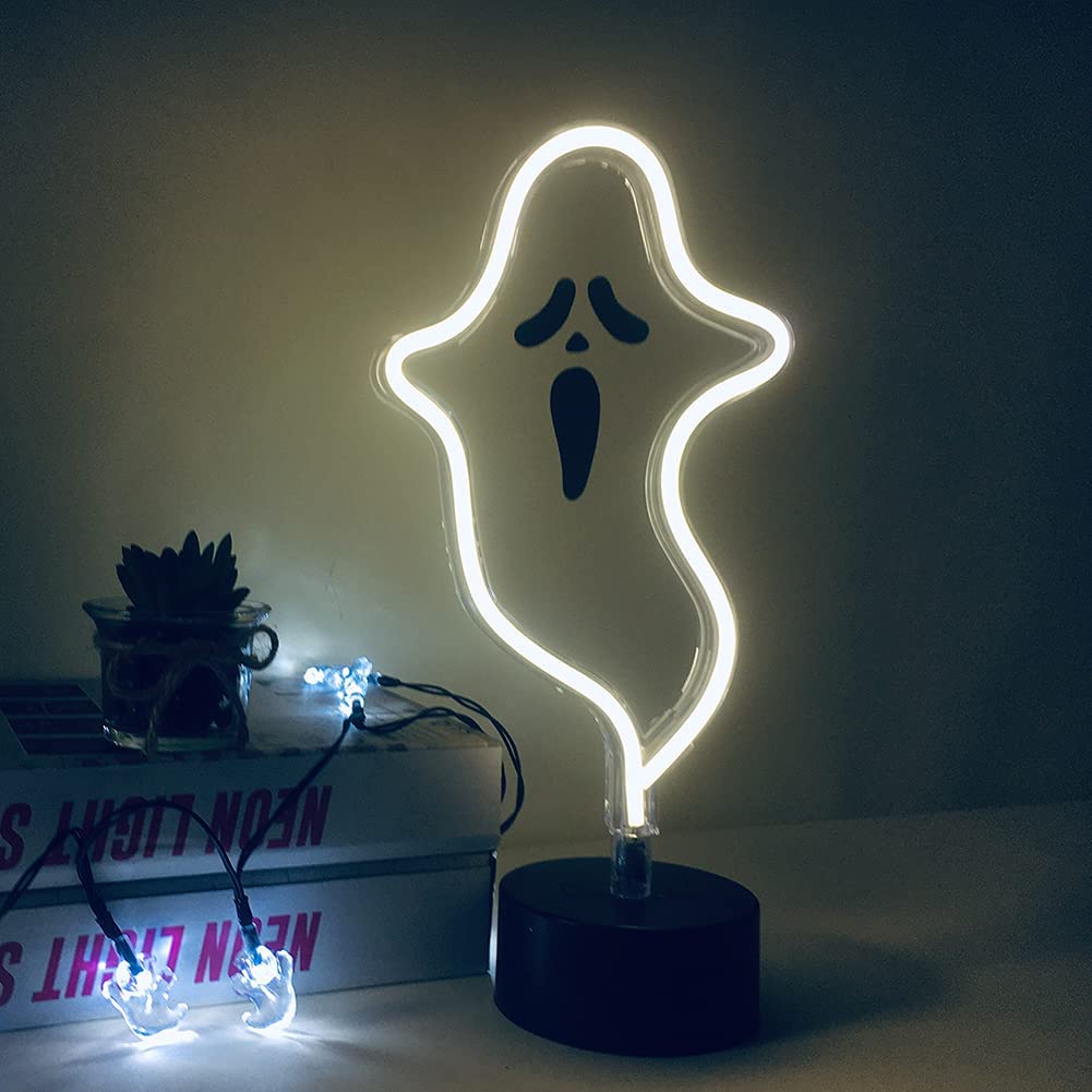 Halloween Décor Cute Ghost Neon Sign, Spooky White Ghost Novelty Light Table Decor, USB or Battery Powered Halloween Neon Light for Bedoom,Kitchen,Halloween Party Decorations