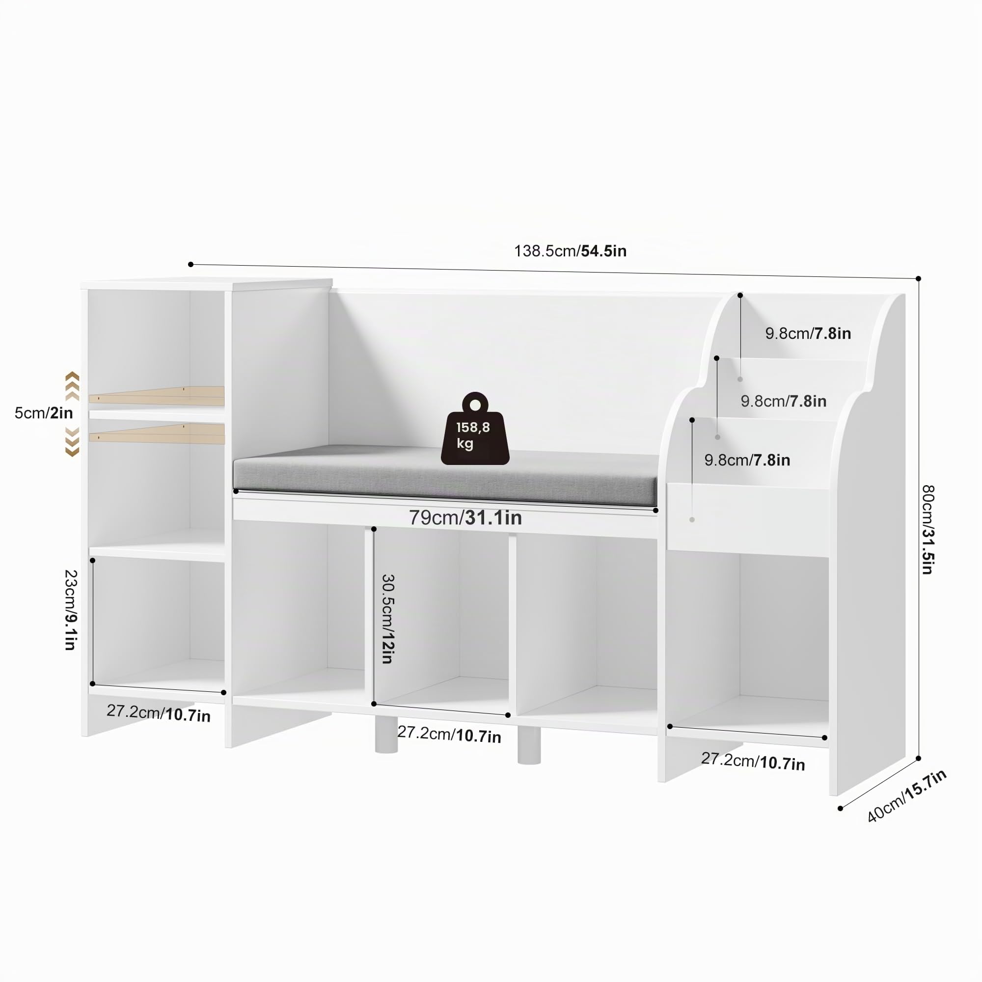HOCSOK Estantería Infantil, libreria Infantil con Cojín, Almacenaje Juguetes con 7 Compartimentos, Infantil Blanco, Banco, 80×40×138.5cm
