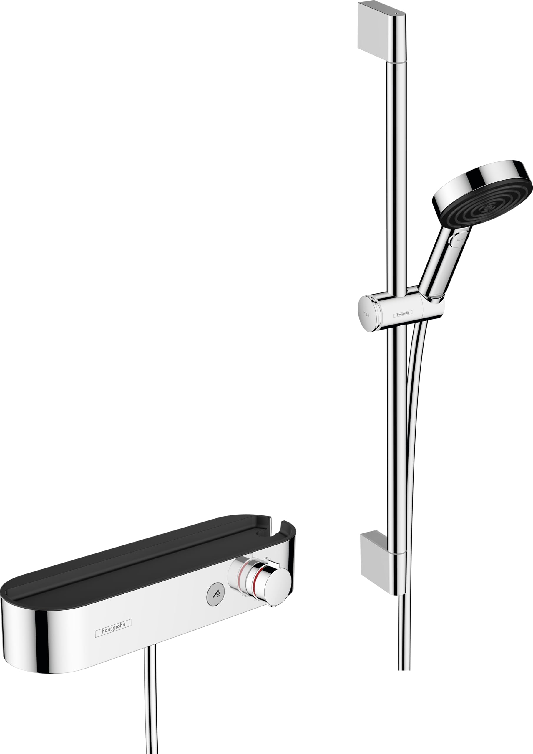 hansgrohe Pulsify S - Set de douche, Ensemble de douche avec mitigeur thermostatique, douchette, barre de douche 65cm, support et flexible de douche 160cm, Pommeau de douche avec 3 jets, Chromé