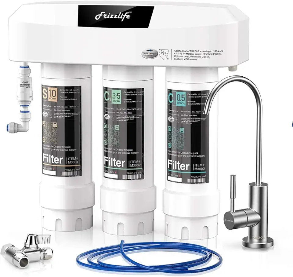 Frizzlife Under Sink Water Filter System with Brushed Nickel Faucet SP99-NEW, NSF 42&53 Certified 3-Stage 0.5 Micron Removes 99.99% Lead, Chlorine, Chloramine, Fluoride, Odor- Quick Change