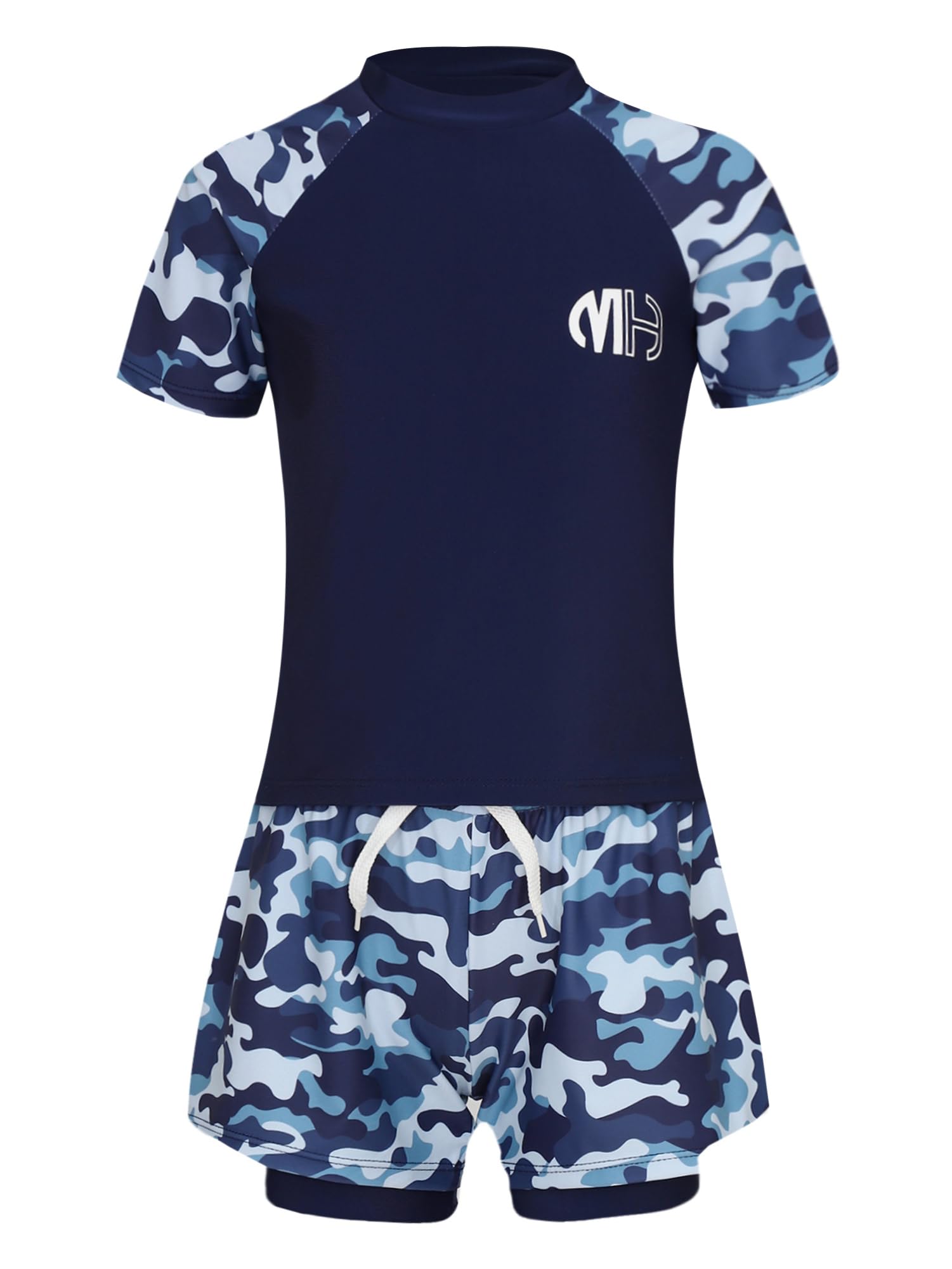 IEFIEL Traje de Baño de Dos Piezas con Protección Solar UPF 50+ para Niños Camiseta Baño de Manga Corta y Bóxer Bañador con Cordón Traje de Natación Surf 6-15 Años
