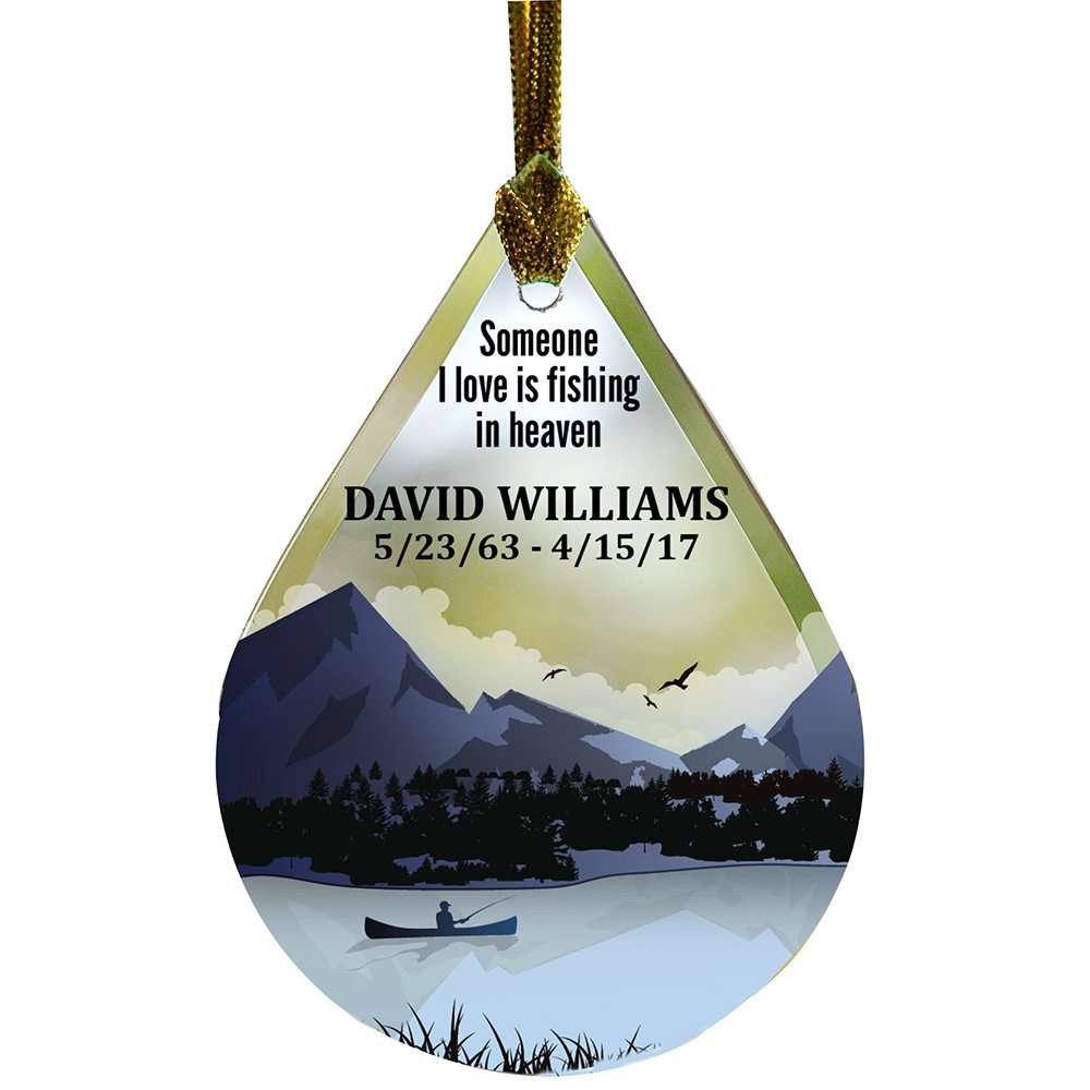 GiftsForYouNow Fishing Memorial Tear Drop Personalized Glass Ornament, Personalized Memorial Ornament for Fisherman, 2.75