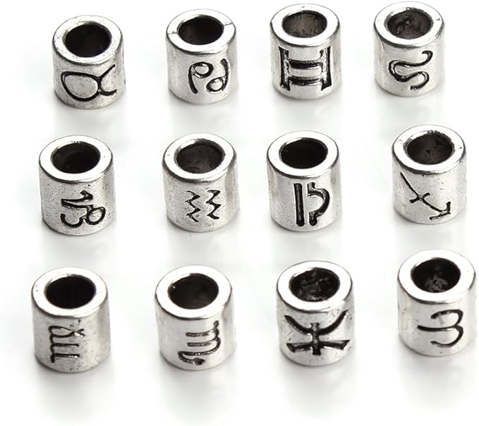 Linsoir beads 60 Pcs Antique Silver Tone Zodiac Beads Charm 4mm Hole Horoscope Beads Fit European Bracelet