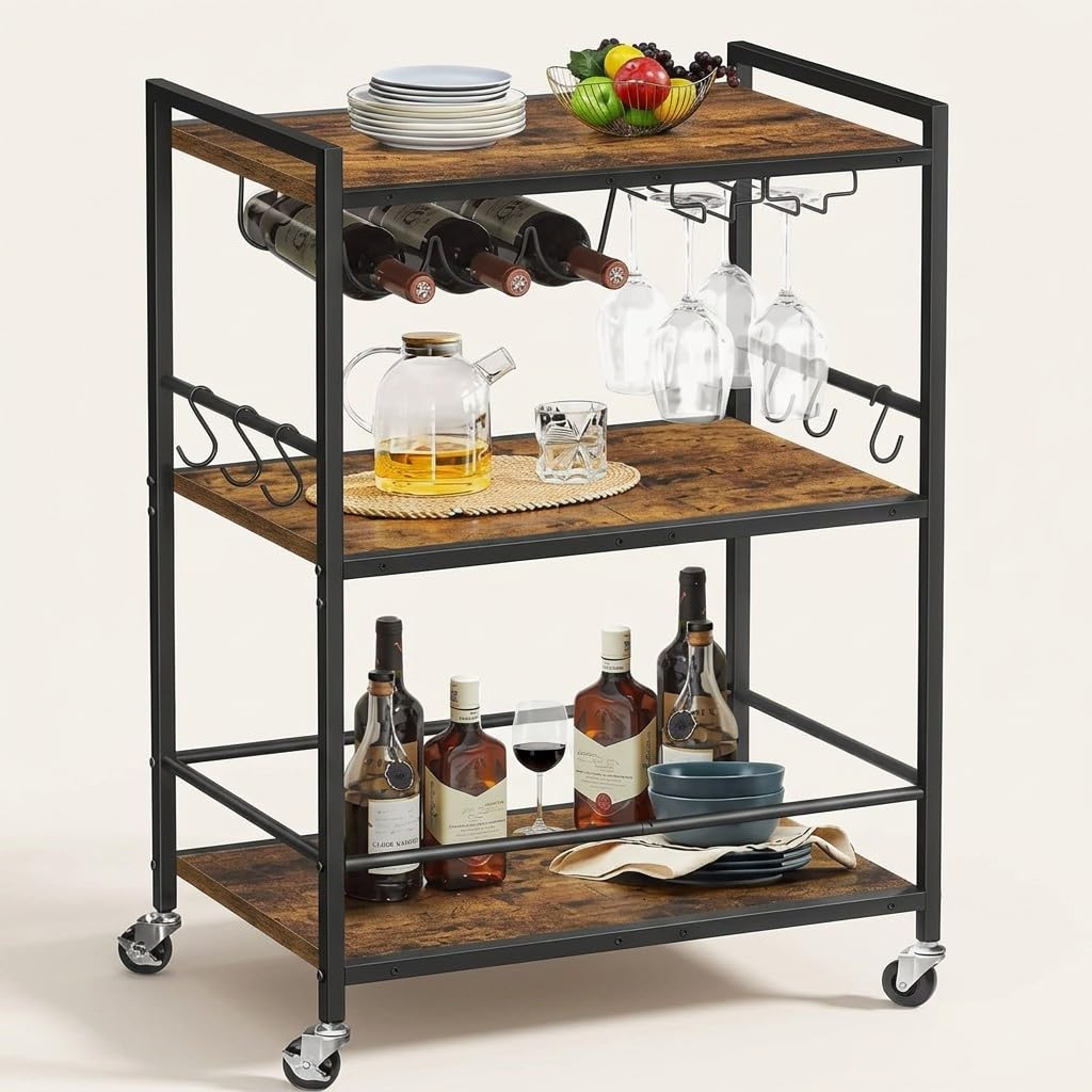 Carrello Cucina con Ruote e Portabottiglie, 3 Ripiani, Carrello Servizio