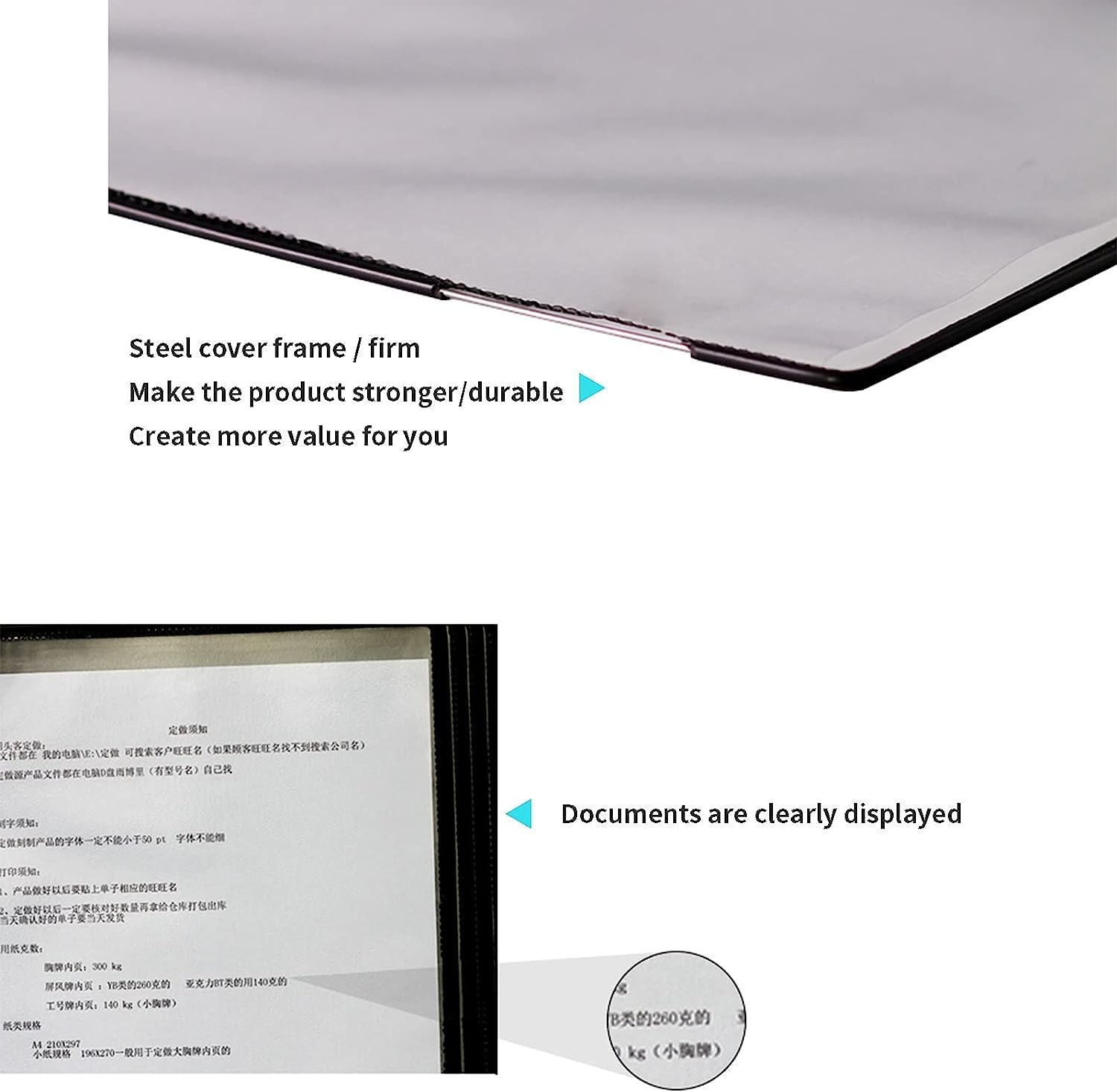 Portadocumentos de pared, Sistema de visualización de panel de doble cara de 10, carpeta montada en la pared, archivador que pasa páginas, tamaño A4/carta, utilizado for mostrar menús/catálogos/inform