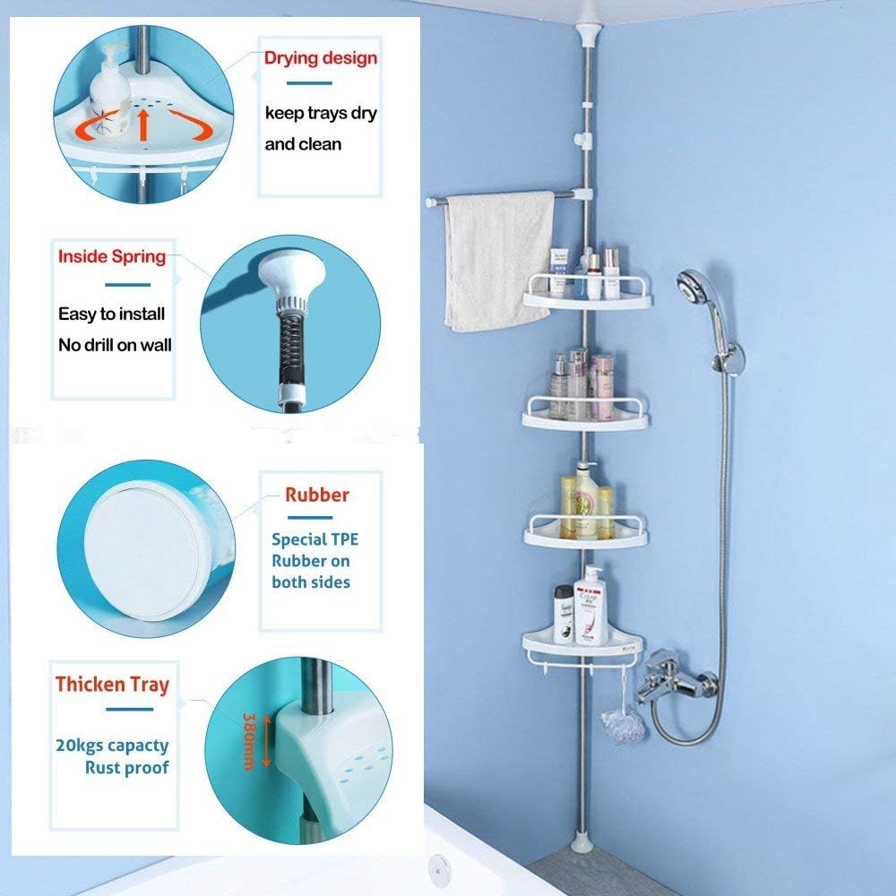 Detailed features of the shower caddy including drainage holes, internal spring, rubber pads, and thick trays.