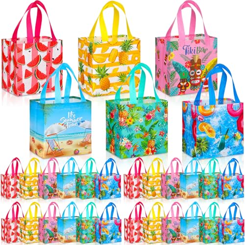 Hillban 30 Pcs 8 x 8 x 6 Inch Summer Party Favor Bags Fruit Gift Treat Bags Hawaii Aloha Goodie Totes Summer Beach Pineapple Watermelon Non Woven Totes with Handles for Party Supplies