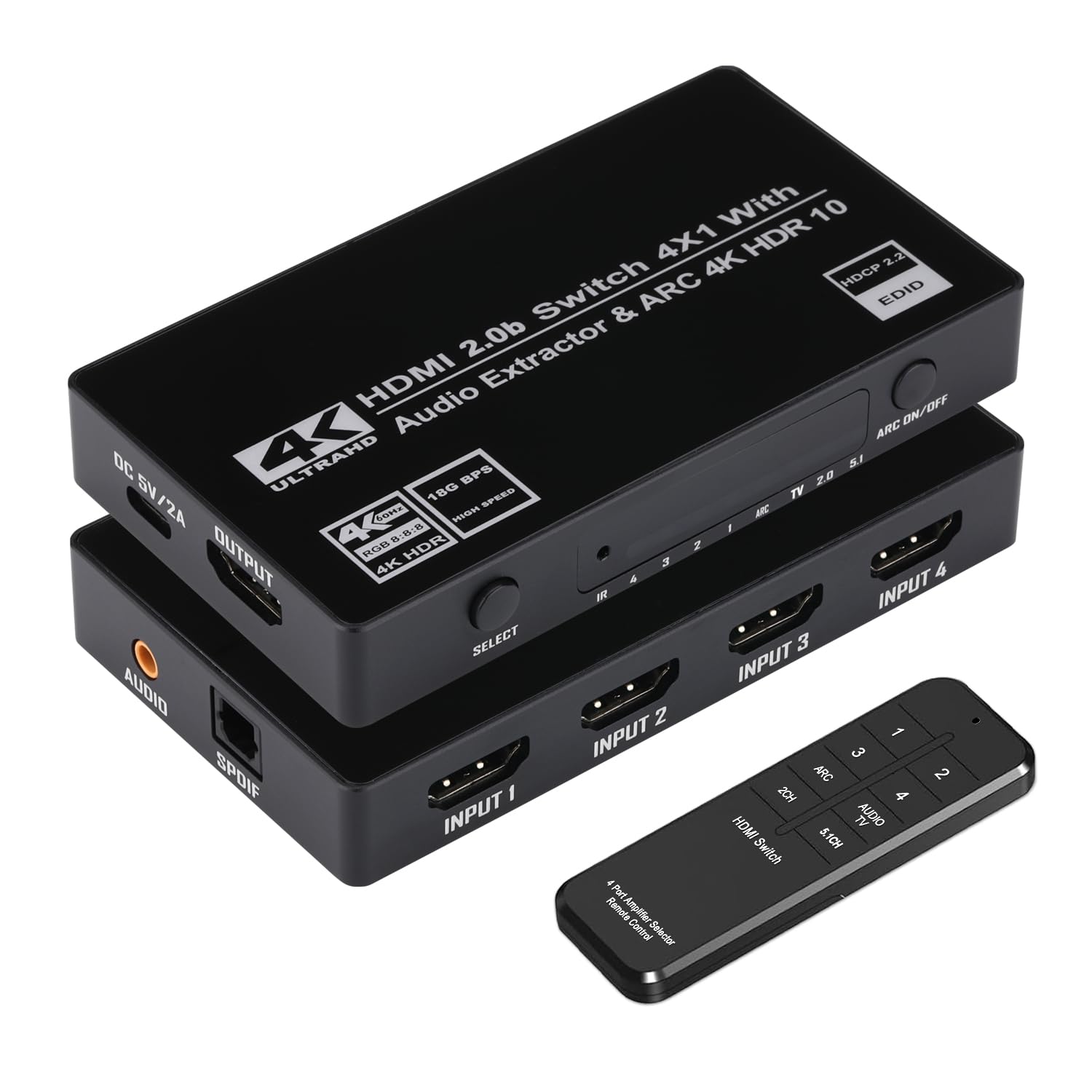 HDMI Switch 4x1 with Audio Extractor, 4K@60Hz Ultra HD HDMI Switcher with Optical TOSLINK SPDIF, 3.5mm Audio Support Arc Function, 3D, 1080P @120Hz, 4Kx2k @60Hz HDTV (IR Wireless Remote Control)