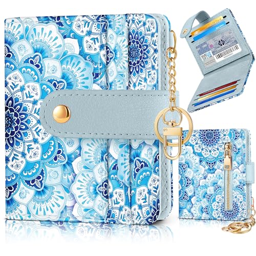 Image of Bistup Small Card Wallet for Women with Keychain, Blue Flowers | Clear ID Window, Compact Design for Daily Carry, Durable Material, Sturdy Keychain, Aesthetic