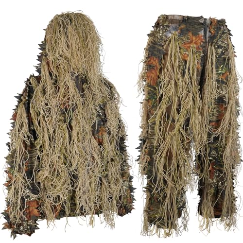 EAmber Ghillie Suit Gilly Hunting Suits Pants 3D Leaf Camo Camouflage Coveralls Youth Adult Lightweight Clothes for (Tree Leafy Forest, Height 4.9-5.9 Ft)
