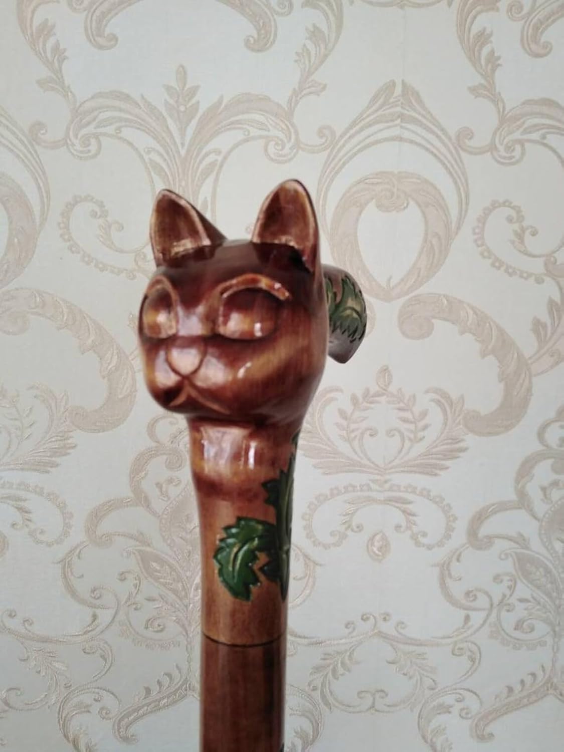 Rare Antique Cat Head Walking Stick - Designer Premium Wooden Carved Walking Cane - Beautiful Handmade Foldable Cane With Cat Handle For Men Women Comfortable Best Gift Idea