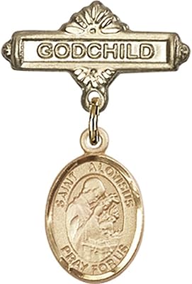Gold Filled Baby Badge with St. Aloysius Gonzaga Charm and Godchild Badge Pin 1 X 5/8 inches