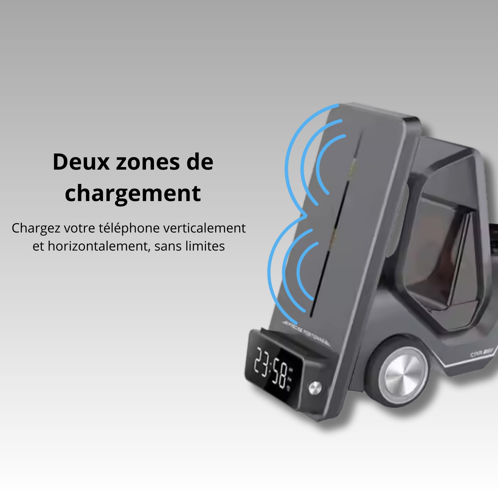 Station de charge sans fil | Support de charge sans fil | Android | Mobile – Montre – Écouteurs | Multifonction | Horloge-Alarme-Lumière | Support | Écran numérique | Réglage automatique | Gris
