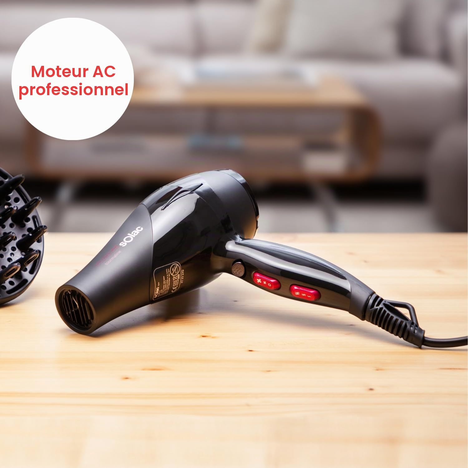 Solac - Sèche-cheveux SP7170 Expert 2600 Tourmaline, 2600W, 2 Vitesses + 3 Températures, Air Froid, Diffuseur, Fonction Ionique Anti-frisottis, Séchage Rapide, Câble 180 cm, Noir
