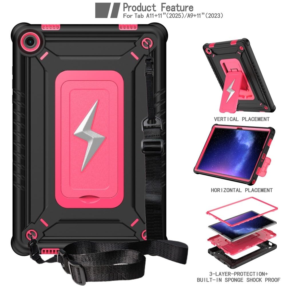 Generic etui kompatybilne z Samsung Galaxy Tab A9 8,7 SM-X110 (kolor: czarny/gorący różowy) stojak twardy tył twardy silikon pełne etui z paskiem na ramię