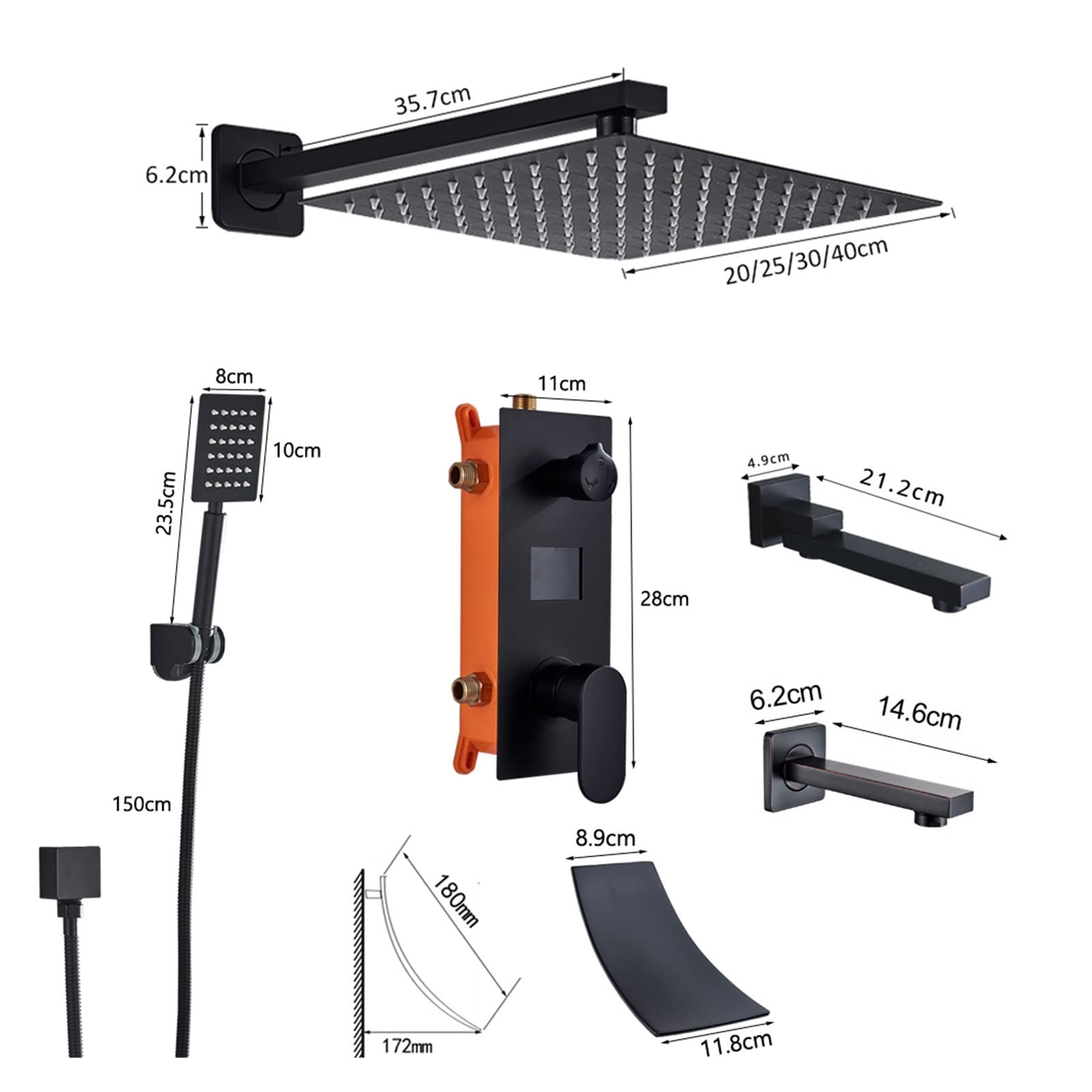 Set Rubinetto Doccia for Bagno Nero Opaco, Doccia for Vasca con Display Digitale Rain Black, Miscelatore for Vasca con Doccia a Cascata(2-Ways 16 inch)
