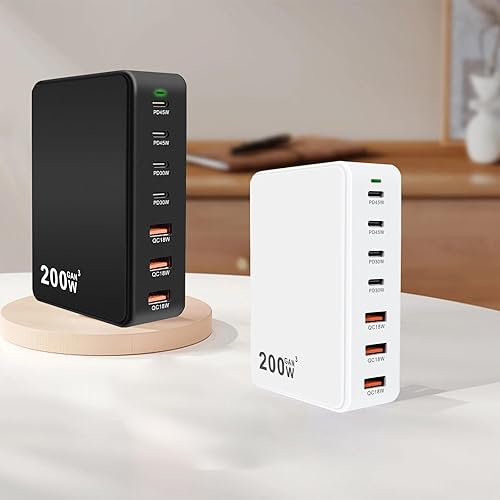 Miniatura 7 de Bloque de carga rápida USB de 200 W, concentrador de estación de carga rápida GaN de 7 puertos mejorado, adaptador de cargador USB-C para laptop,