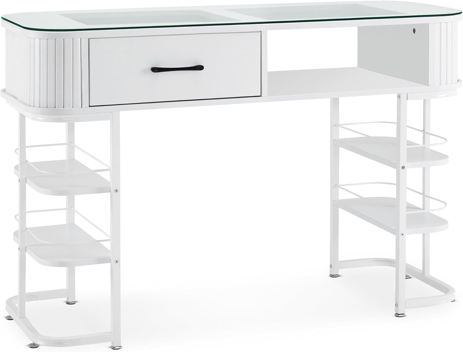 BarberPub Modern Minimalist Manicure Table, Acetone-Resistant Nail Tech Desk with Glass Top, Beauty Stylist Equipment with Storage Shelves, Makeup Station 2995 (White)