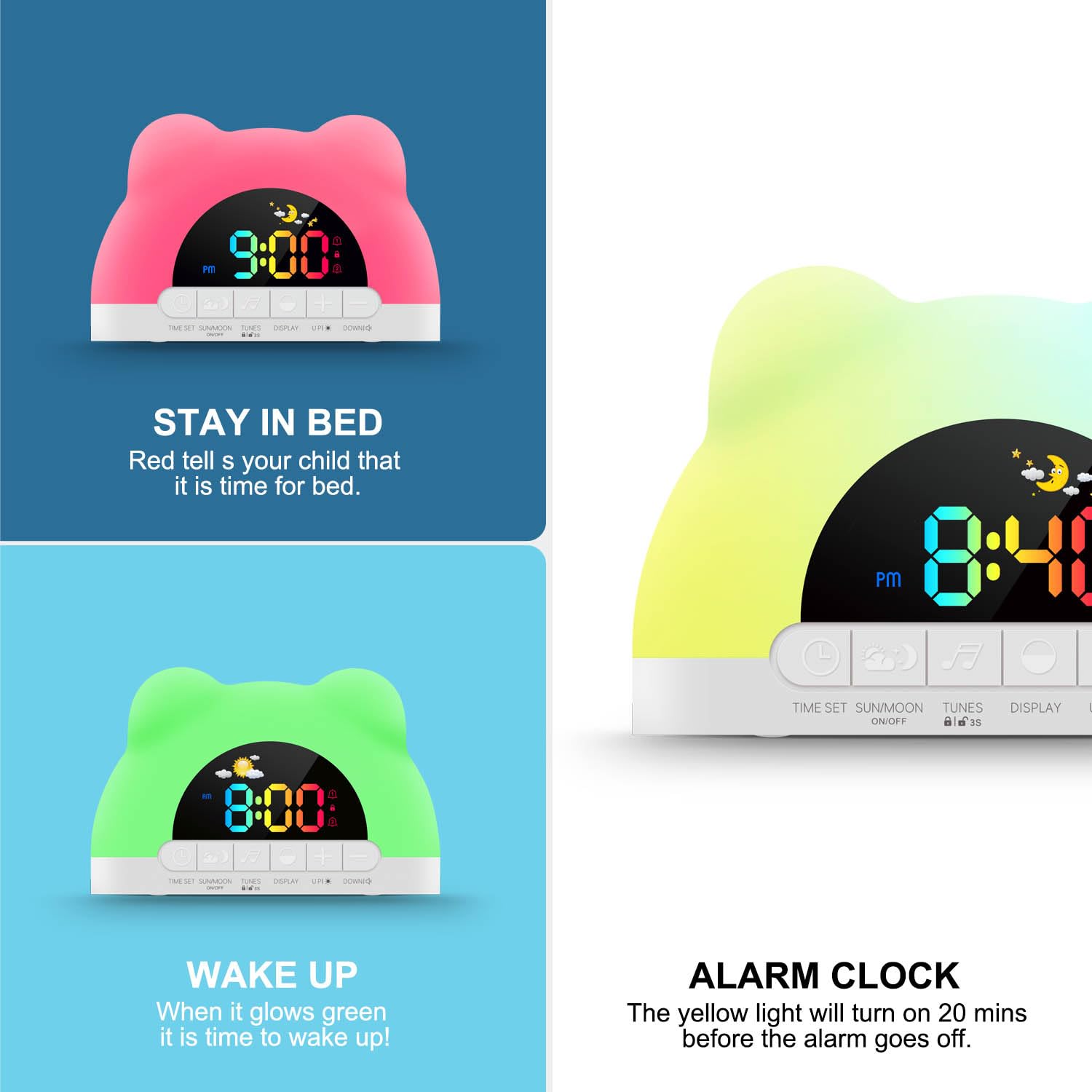 Azyh Sveglia per Bambini, Sveglia Digitale con Luce Notturna a 11 RGB Colori, Regali per Ragazzi e Ragazze, Macchina del Suono del Sonno,Orologio per Comodino, Regalo, Snooze, 2 Allarmi, Cavo USB