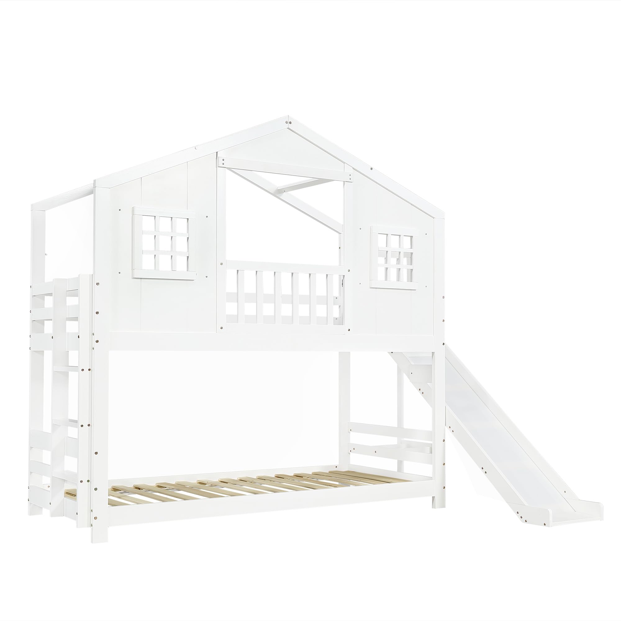 Etagenbett mit Kinderrutsche, Kinderbett, Exquisites Fenster- und Dachdesign, Stabiler Lattenrost und Stufen, Kiefer + MDF+Sperrholz, Weiß, 90x200cm