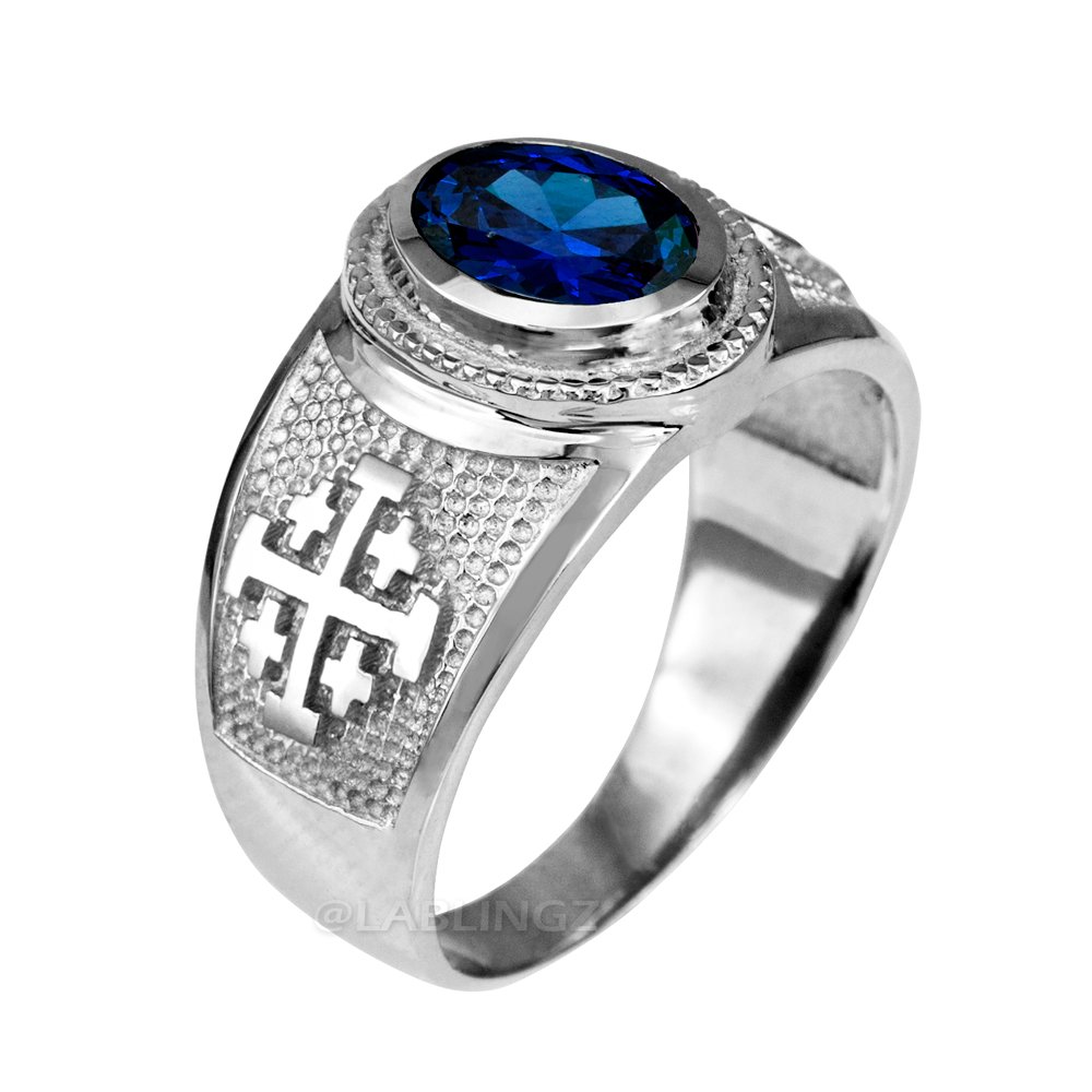 Sterling Silver Jerusalem Cross September Birthstone Blue CZ Ring