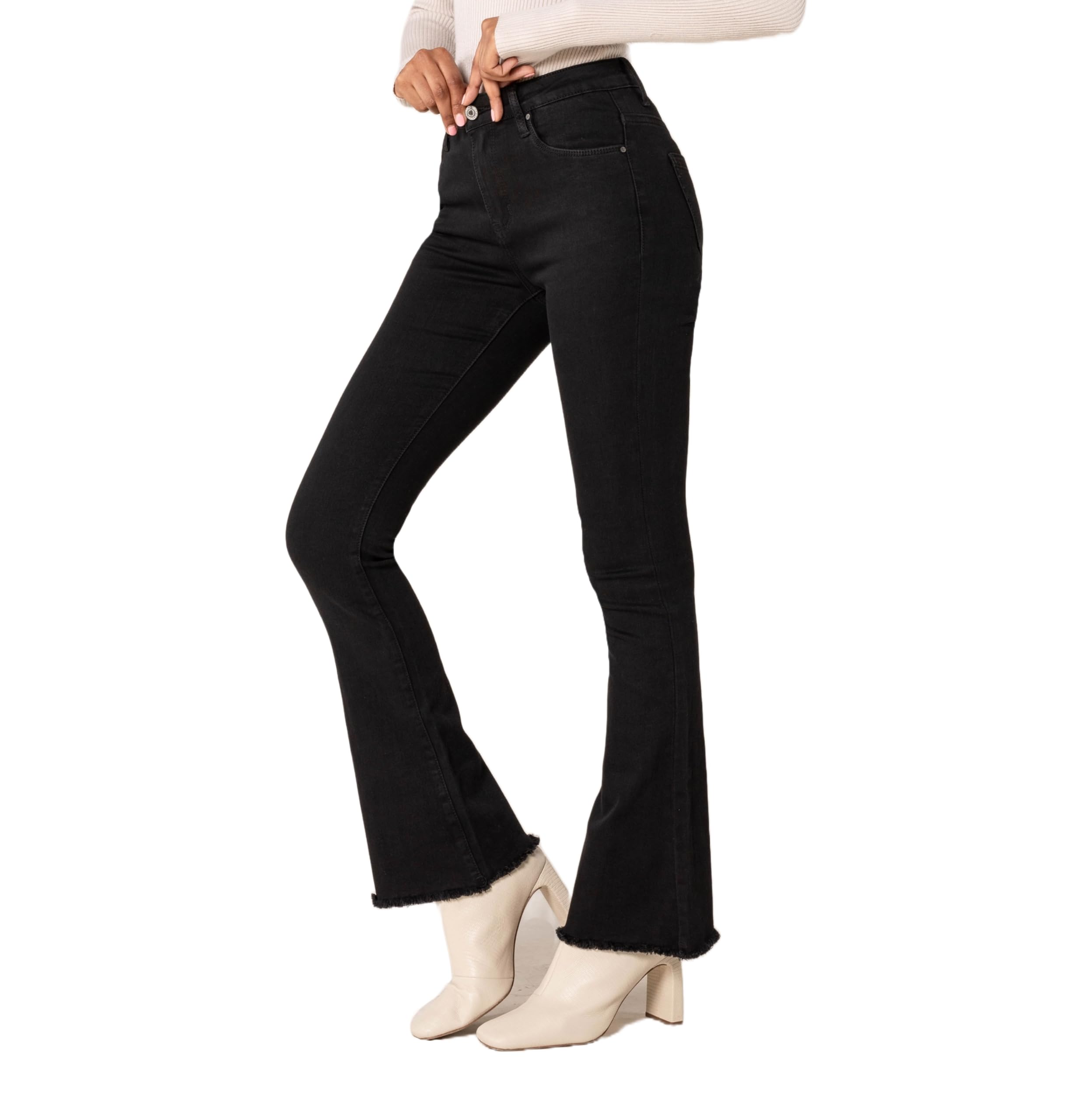 Nina Carter Jean bootcut pour femme, style rétro, taille moyenne, stretch, look usé, évasé