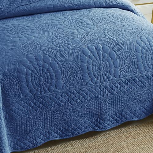 MarCielo 3-Piece 100% Cotton Oversized Bedspread Lightweight Quilt Coverlet Embroidery Farmhouse Bedding Set (Tf Midtone Blue, Oversized King (118"x106"))