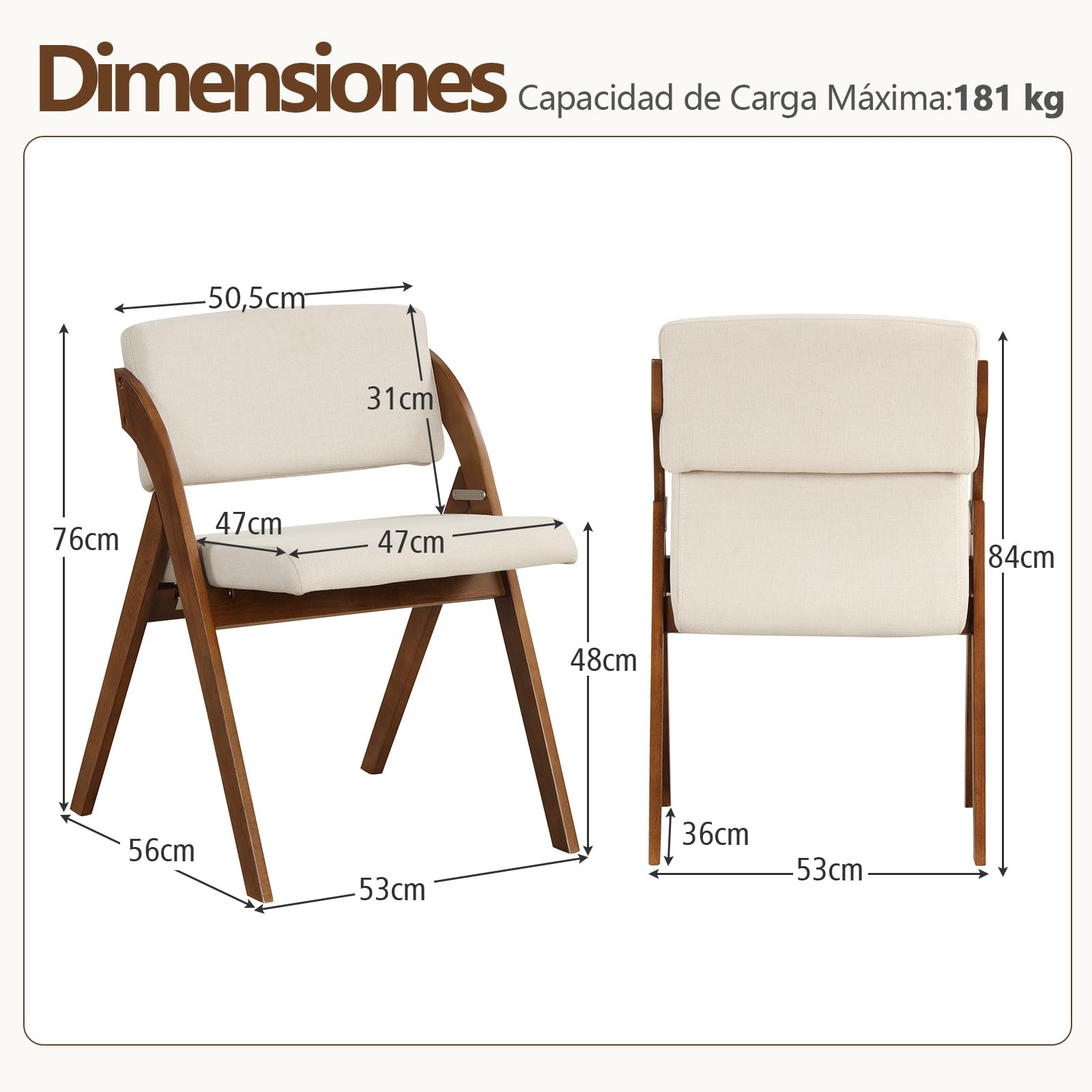 COSTWAY Juego de 2 Sillas de Comedor, Silla Plegable con Patas de Madera de Caucho, Asiento y Respaldo Acolchados, Silla de Cocina Portátil para Oficina y Cocina, 53 x 56 x 76 cm (Nogal y Beige)