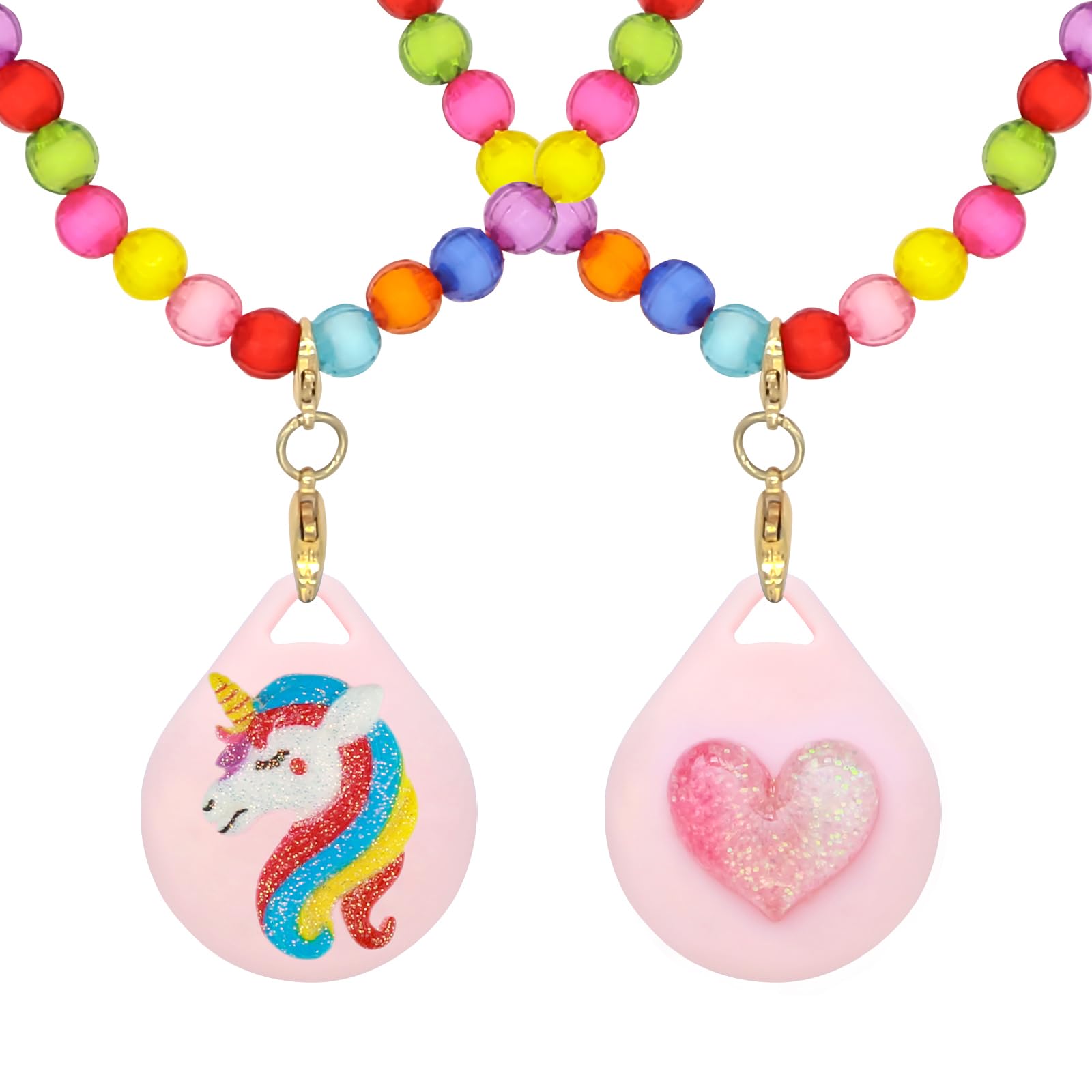 XEEWEN 2 Pack Kids Necklace Holder for Airtag, Cute Pink Heart-Unicorn Beaded Necklace Case for Girls