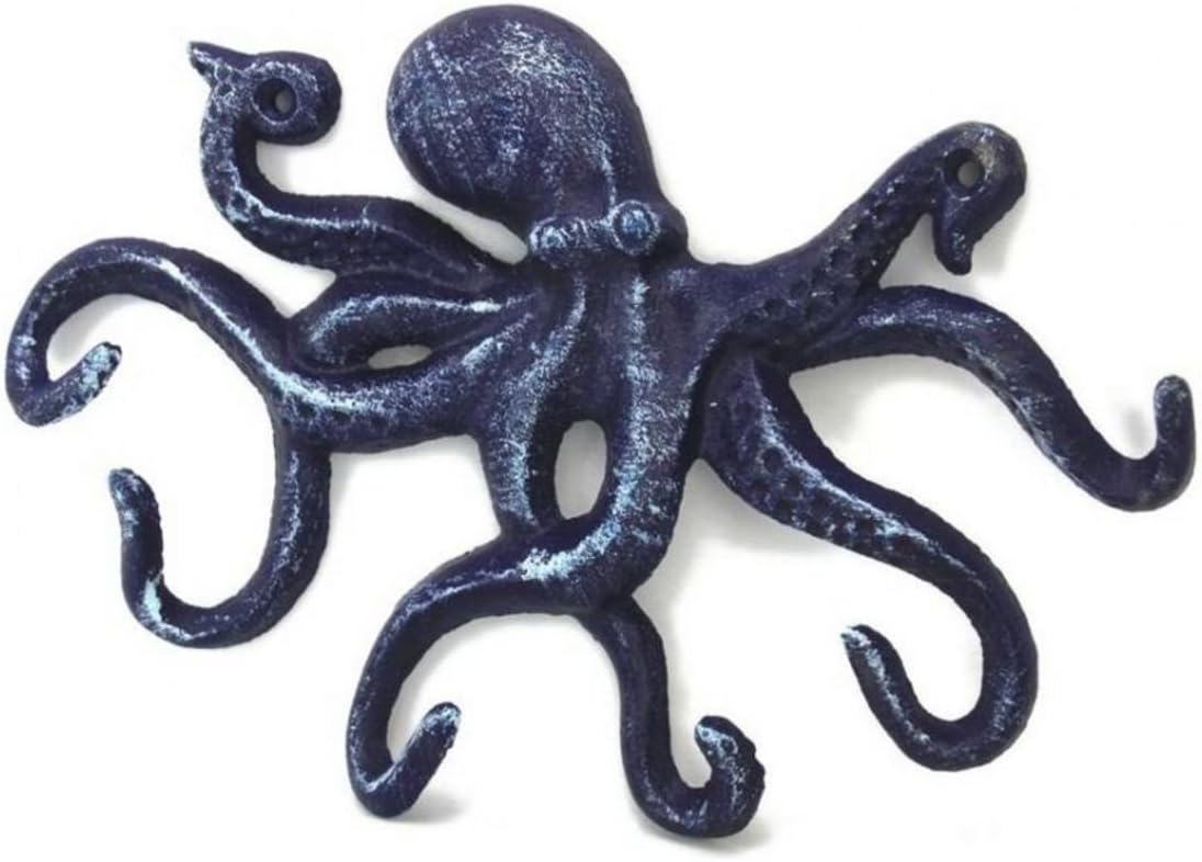 Hampton Nautical k-0942-solid-dark-blue Rustic Dark Blue Cast Iron Octopus Hook 11" - Cast Iron Decoration - Antique Vintage Cast Iron