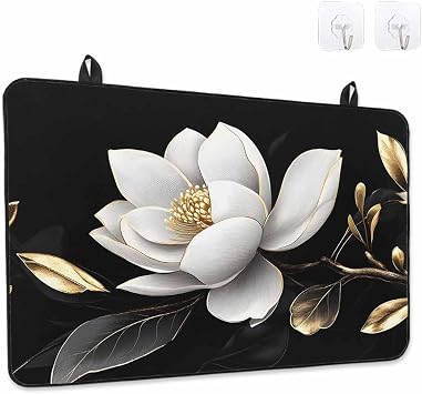 Gorgeous Flowers Stove Top Cover for Electric Stove, White Gold Floral Botanicals Black Heat-proof & Non Slip Glass Top Stove Cover Protector, Kitchen Flat Cooktop Rubber Mat 28.5x20.5 Inches
