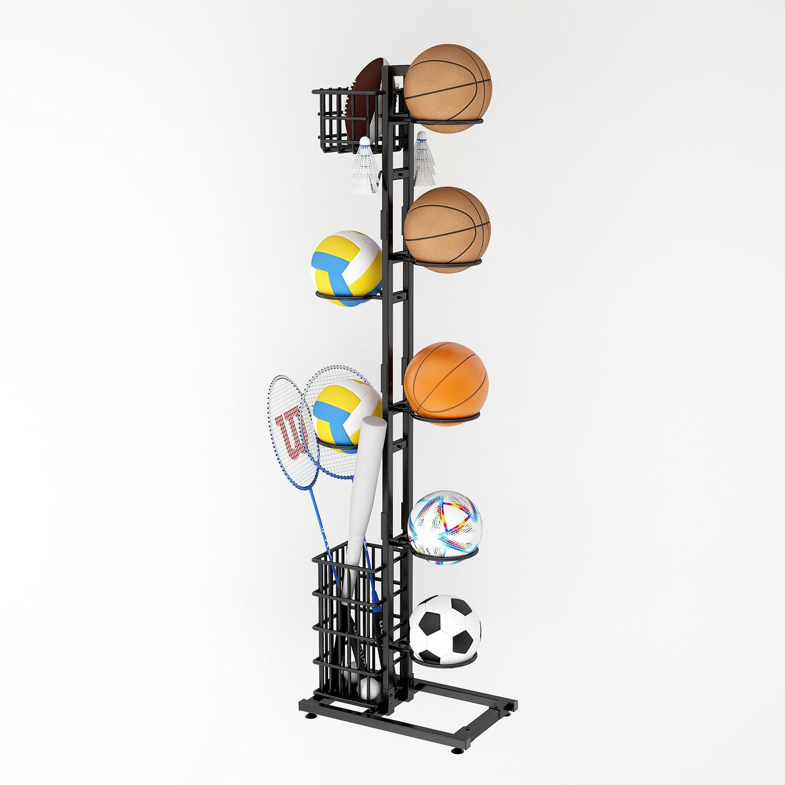 Soporte de bolas para rodamientos verticales rack baloncesto almacenamiento multicapa con cesta y ganchos