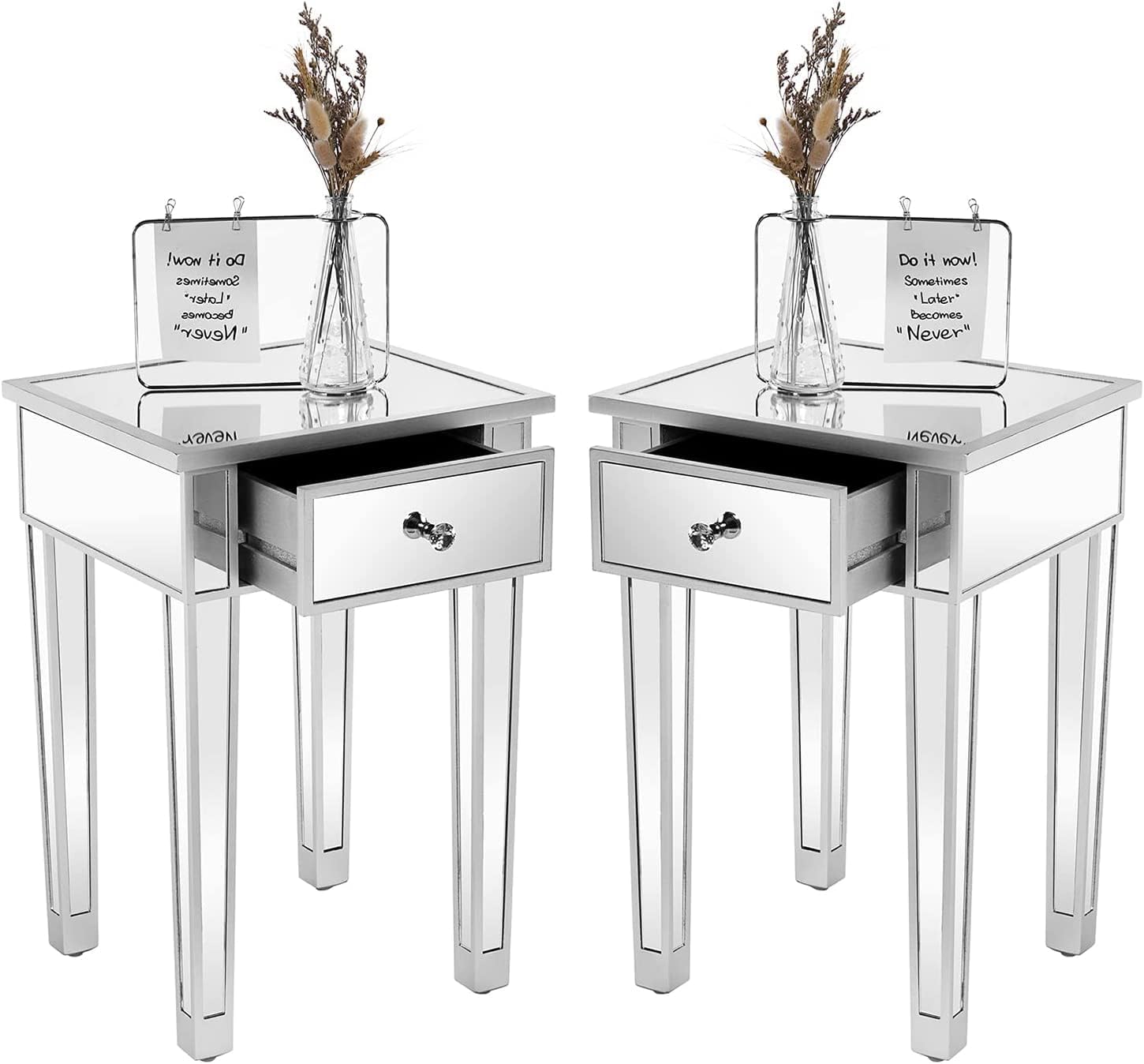 Bonnlo Mirrored Nightstand Set of 2, End Table, Small Modern Bedside Table/Night Stand with Drawer for Bedroom Living Room, Silver