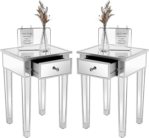 Miniatura 11 de Bonnlo Mesita de noche con espejo, mesita de noche pequeña y moderna con cajón para dormitorio, sala de estar, color plateado