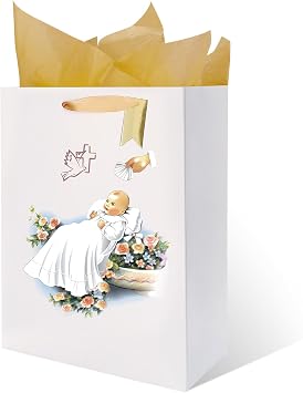 Rotel White Gift Bag Holy Spirit Design with Tissue Paper for Baby Boy and Girl Baptisms,Christenings,Baby Shower,First Communions Dedication Gifts for Religious Catholic Occasion- 10" x 5" x 13"