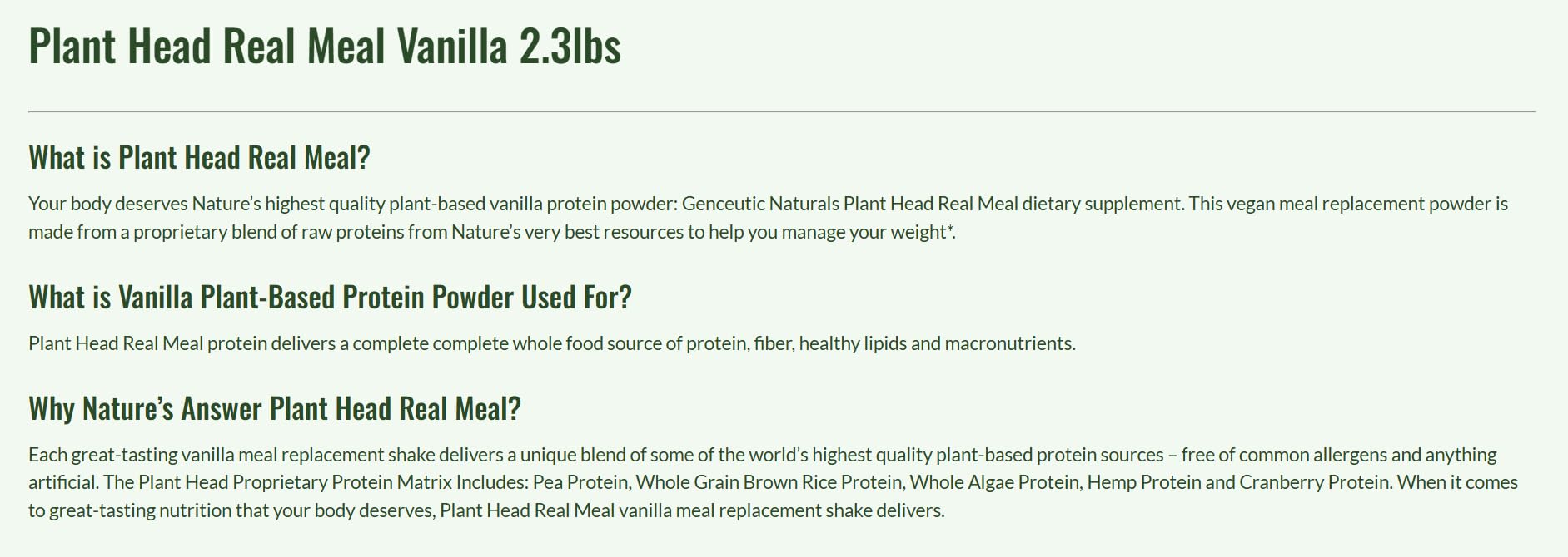 Natural's Answer Plant Head Real Meal Protein (1050, Vanille)