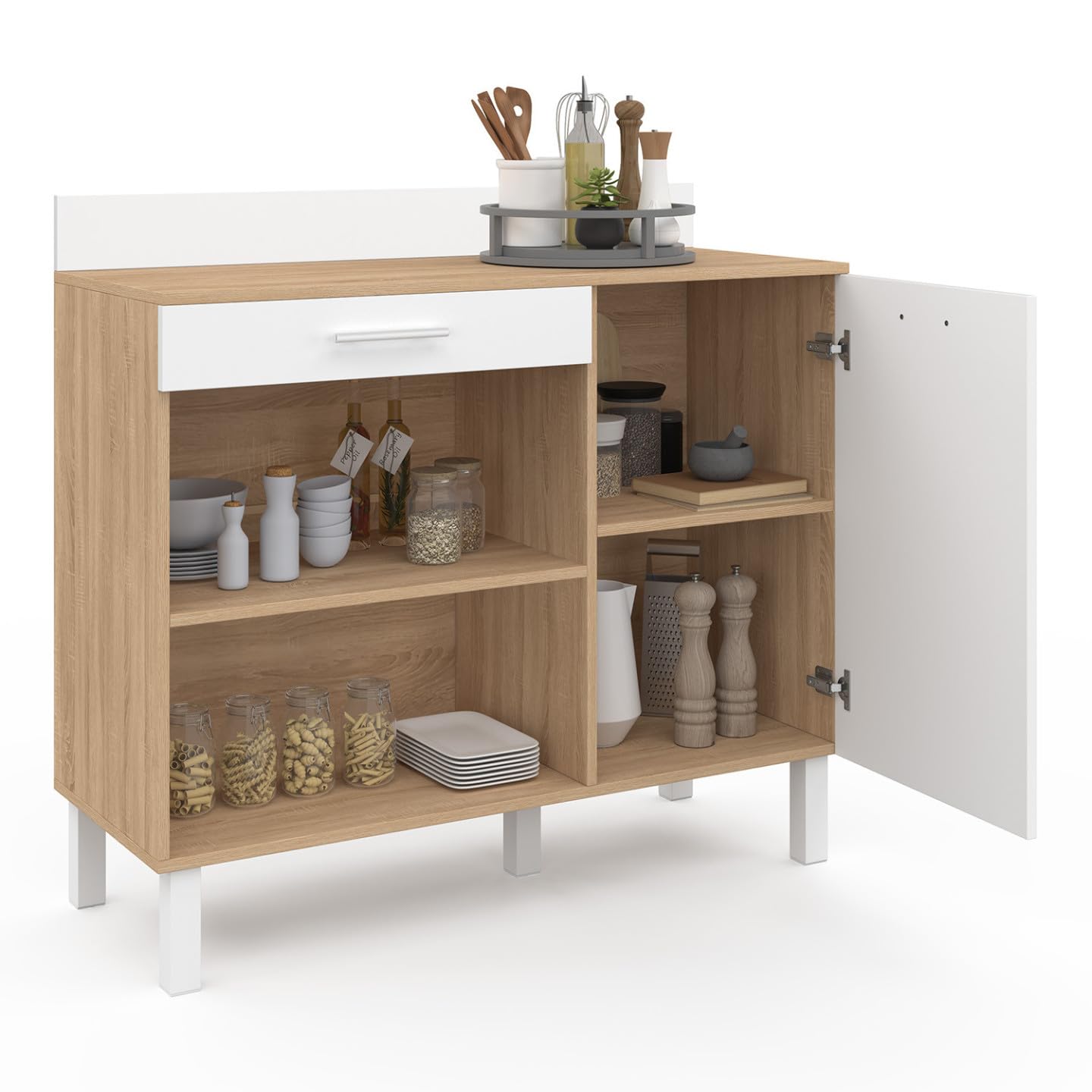 IDMarket - Buffet Bas de Cuisine 100 cm CINA façon hêtre et Blanc