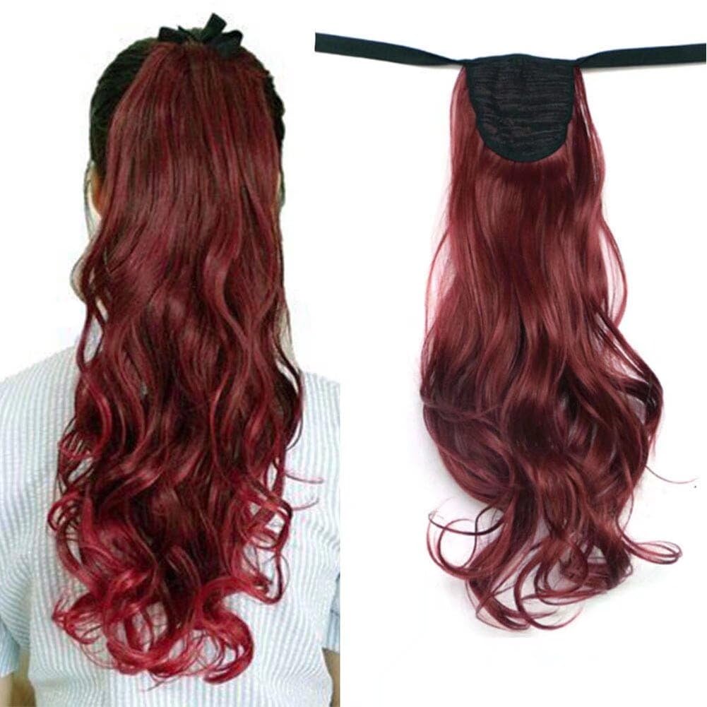 LaLuLoLi 90g Ponytail Wavy Curly Color 118# Dark Red Hair Ponytails 20" Long Length Ribbon Hair Extensions Pony Tail Synthetic Tie Up Pony Tail Hair Piece Extension for Women Girl